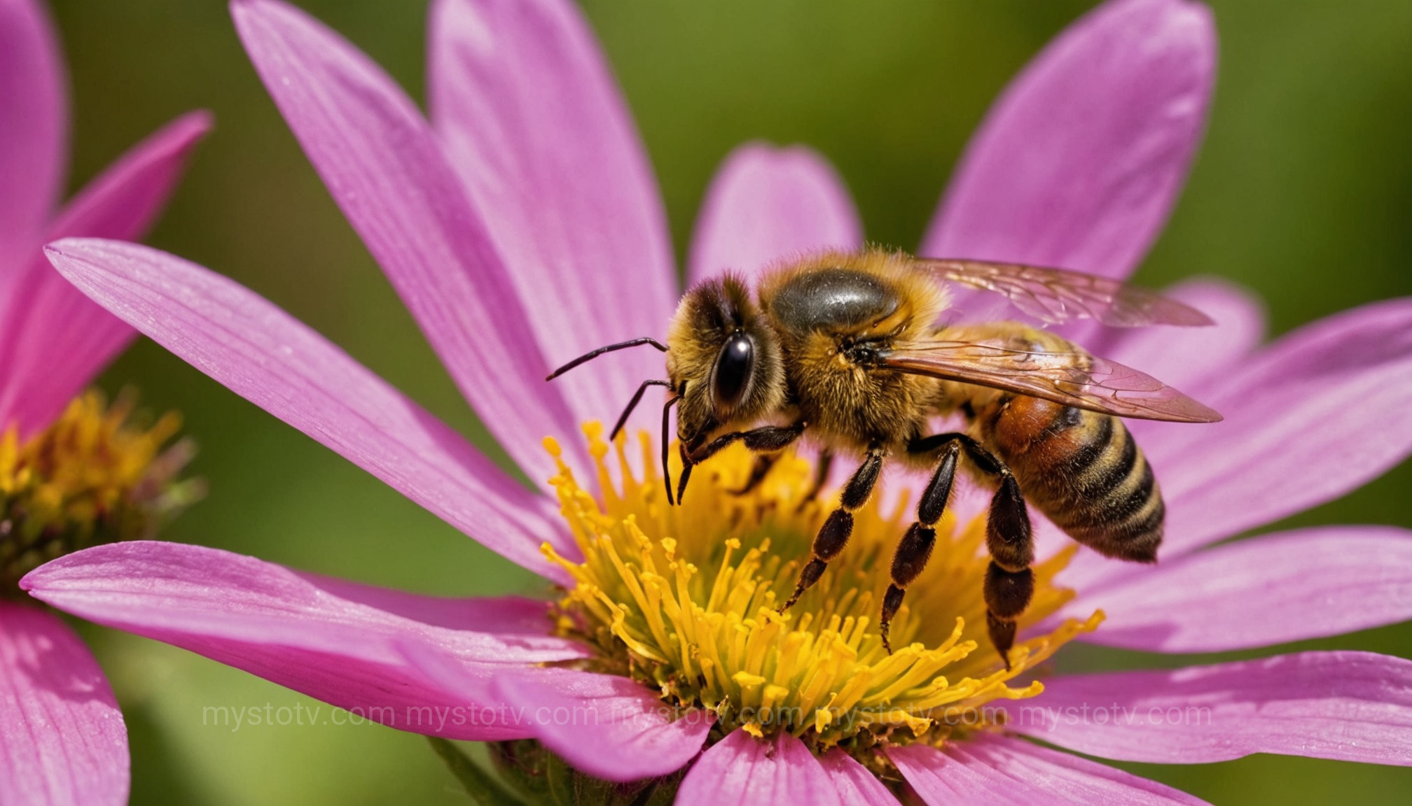A bee pollinating a flower, a key metaphor in understanding what is the birds and the bees (origin story).