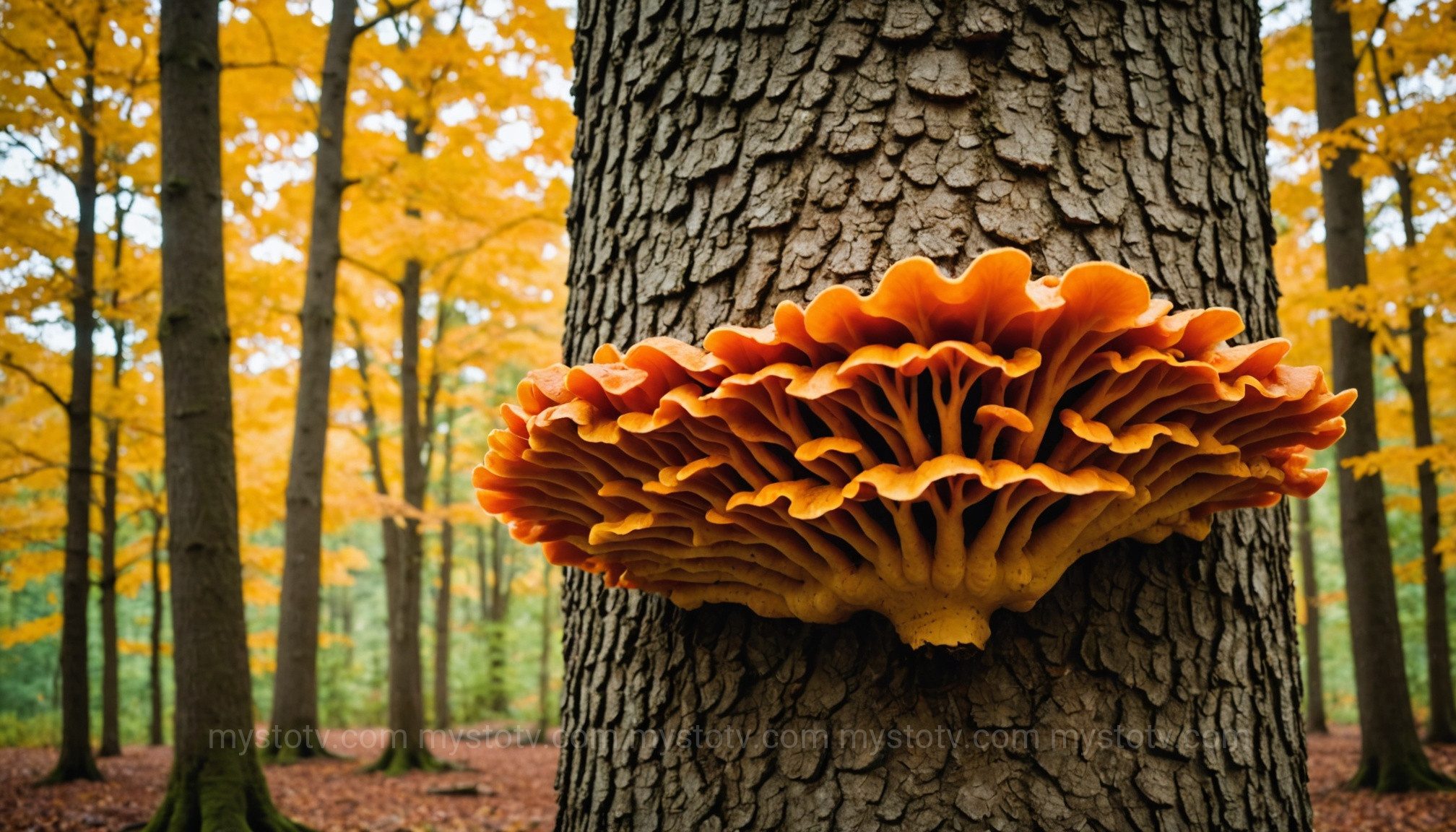 A bright orange Chicken of the Woods mushroom on a tree, an easy edible for this foraging for mushrooms guide.