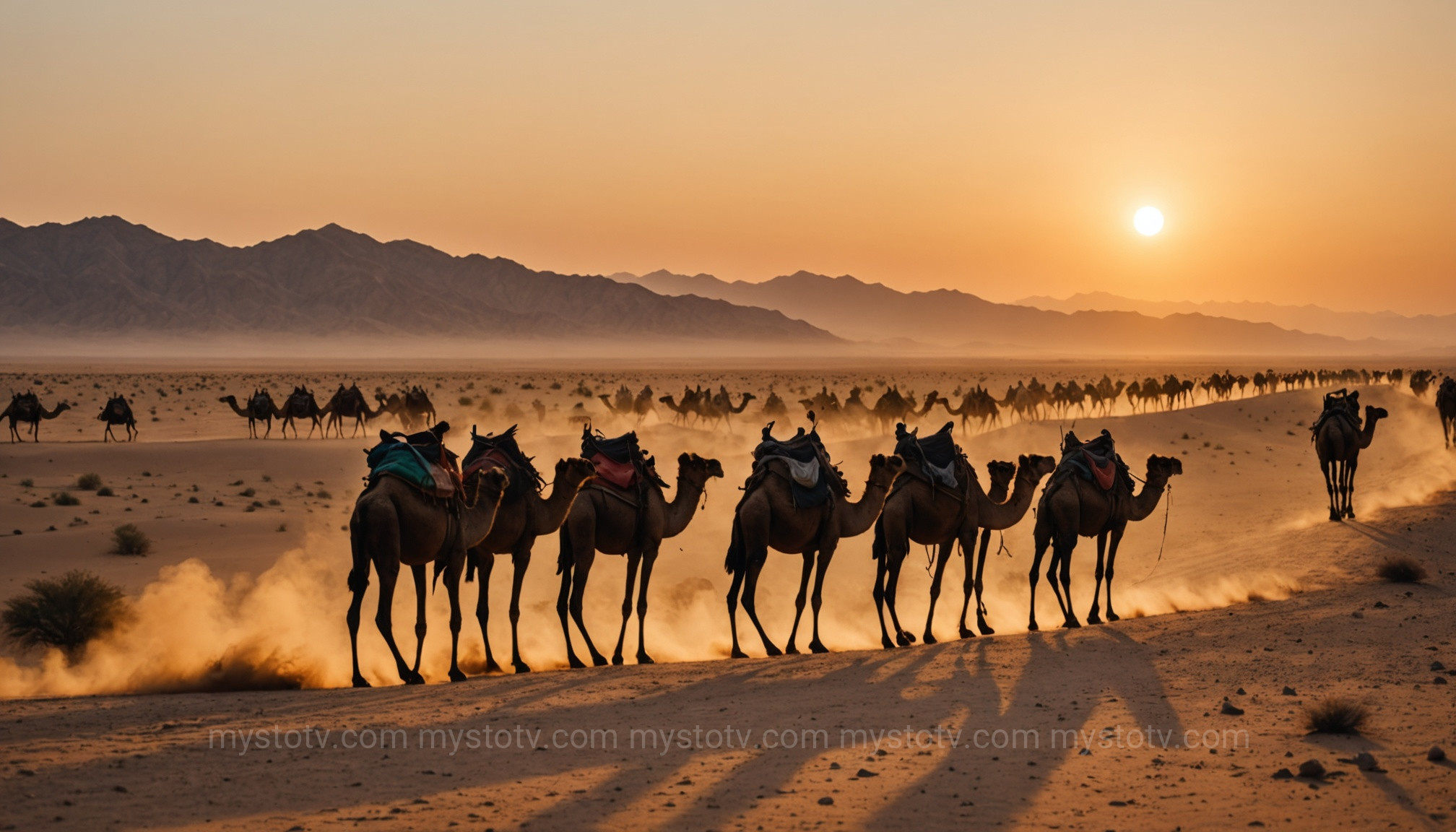 A camel caravan traversing the desert on the Silk Road, the primary conduit in the history of silk production and early globalization.