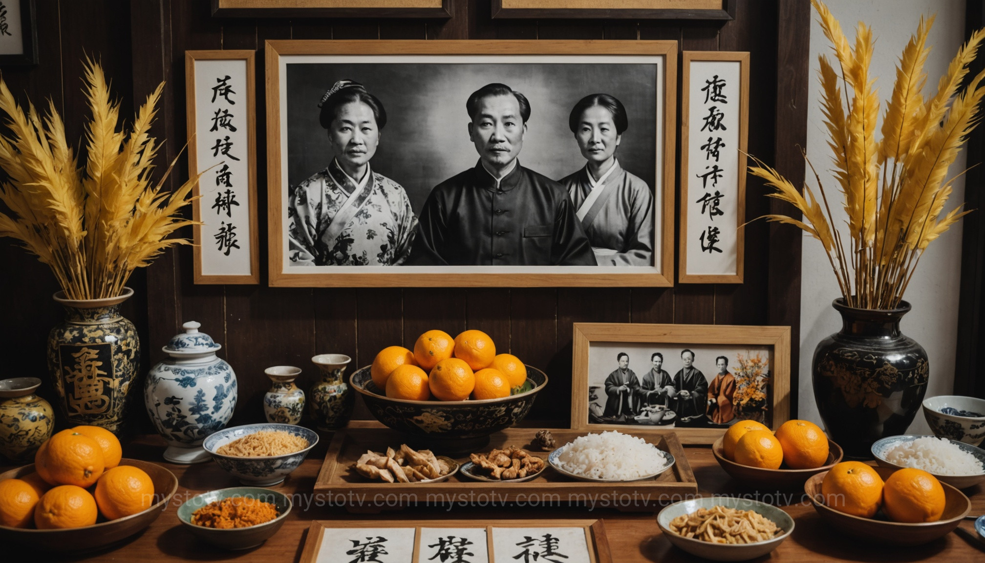 A Chinese family altar showcasing Confucian-influenced ancestor worship practices with offerings and spirit tablets.
