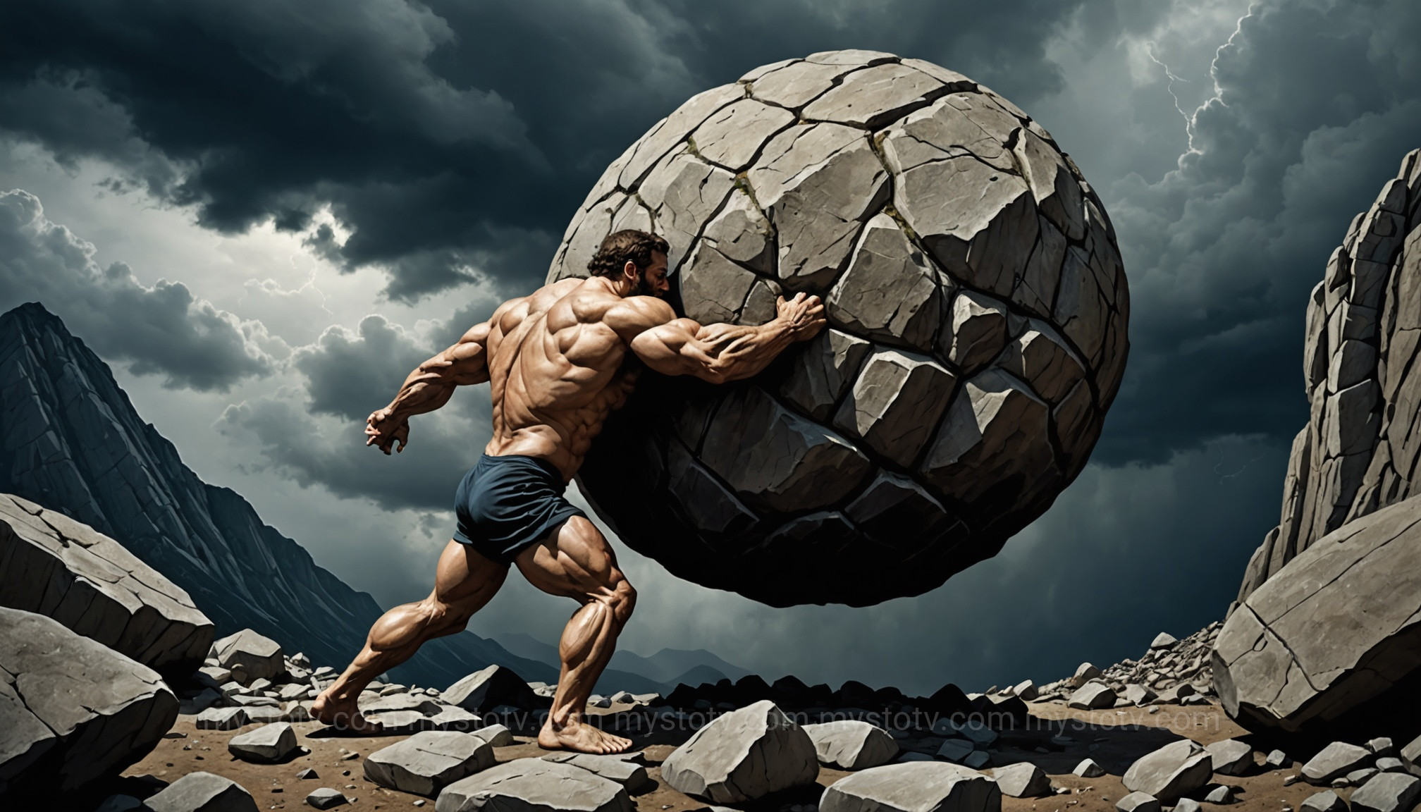 A classical depiction of Sisyphus pushing his boulder up a mountain, illustrating the core legend behind the myth of sisyphus meaning.