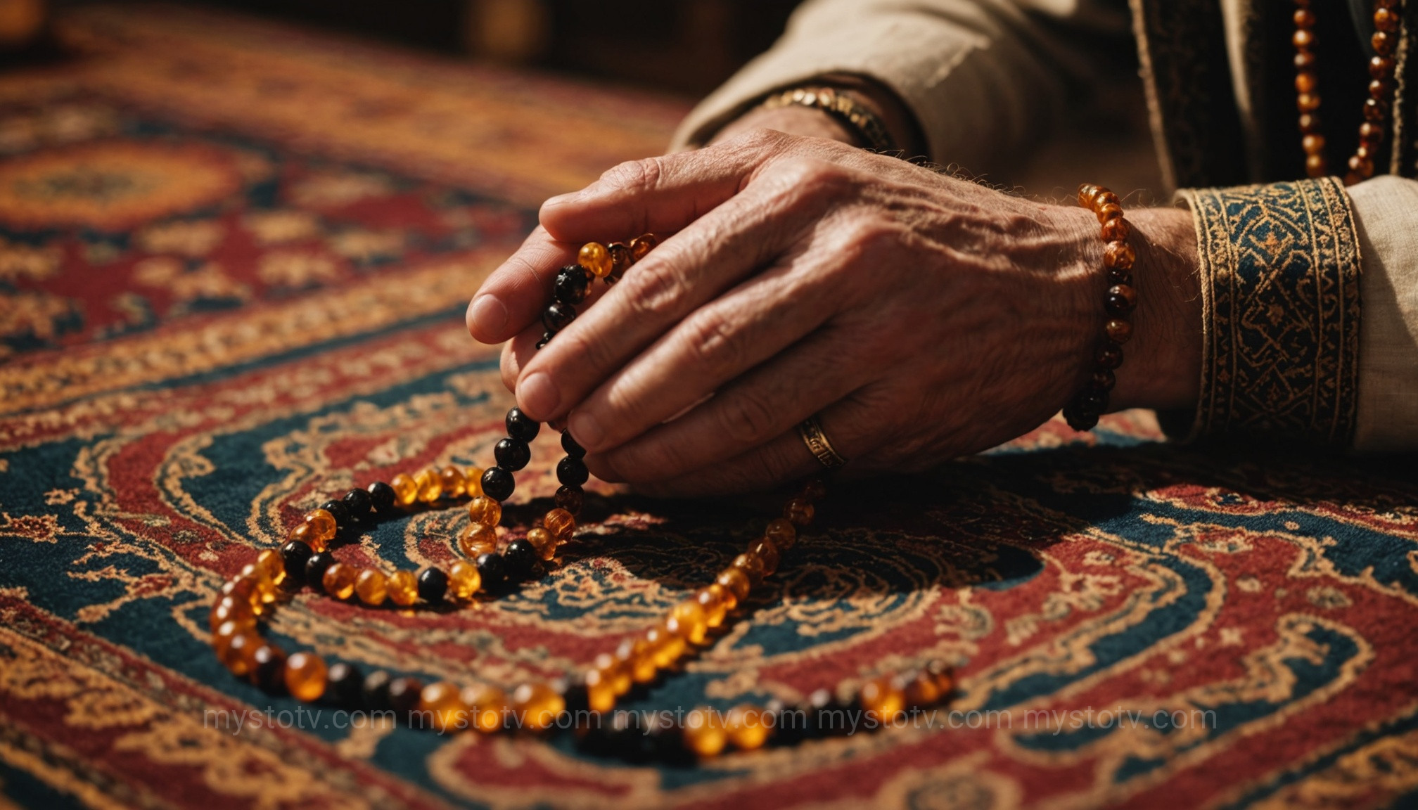 A close-up of a person\'s hands using an amber Tasbih, a key practice in Islamic prayer beads usage religions for the remembrance of Allah.
