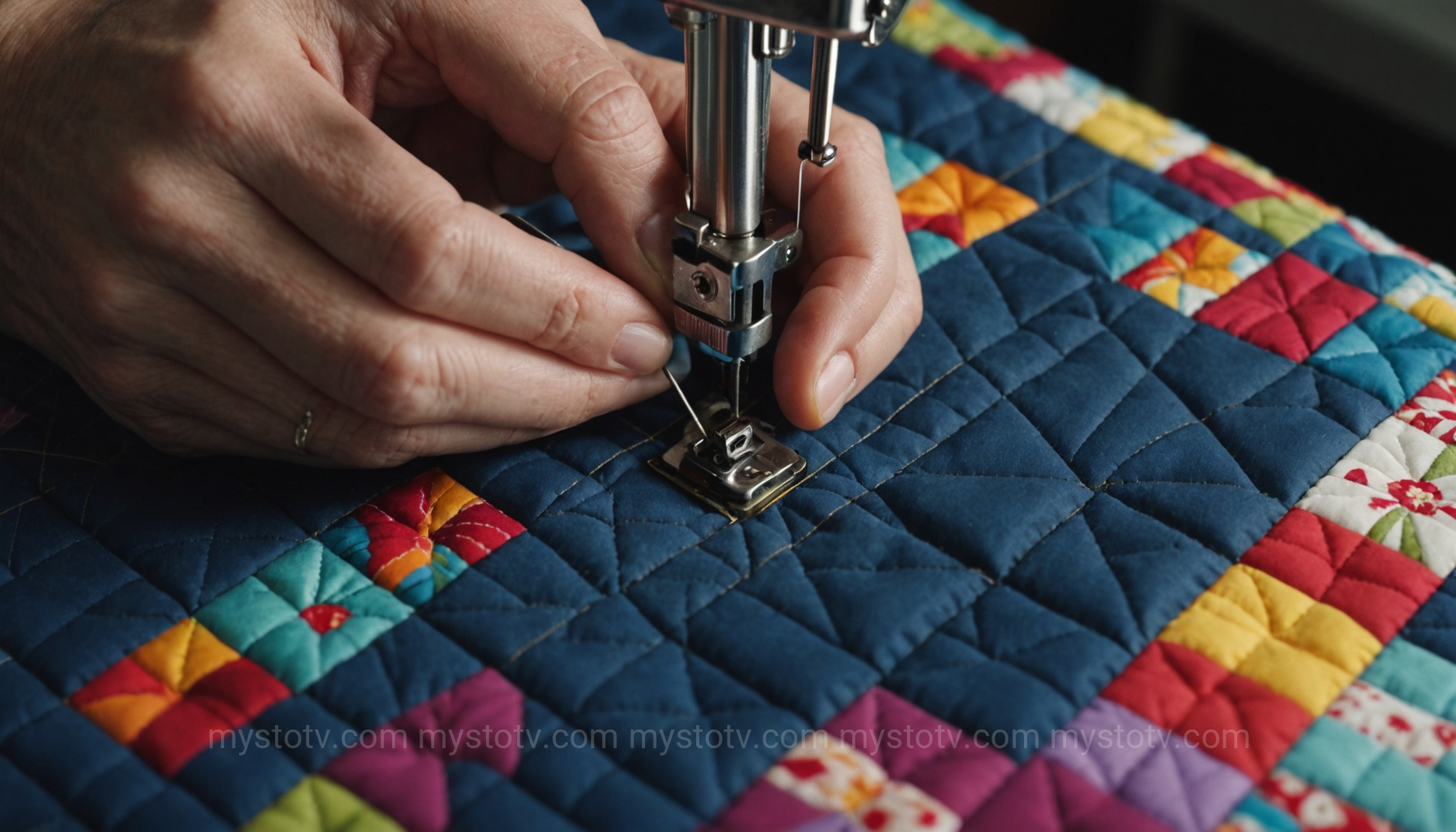 A close-up of a sewing machine attaching the final binding to a quilt, the last step in this quilting for beginners tutorial.