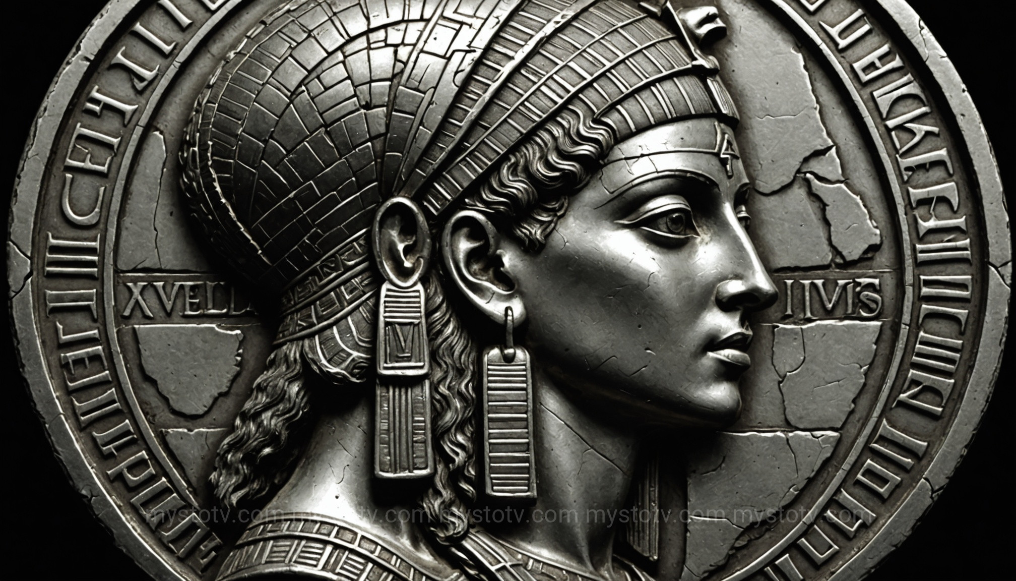 A close-up of an ancient coin reveals what Cleopatra look like, showing her strong profile and aquiline nose.