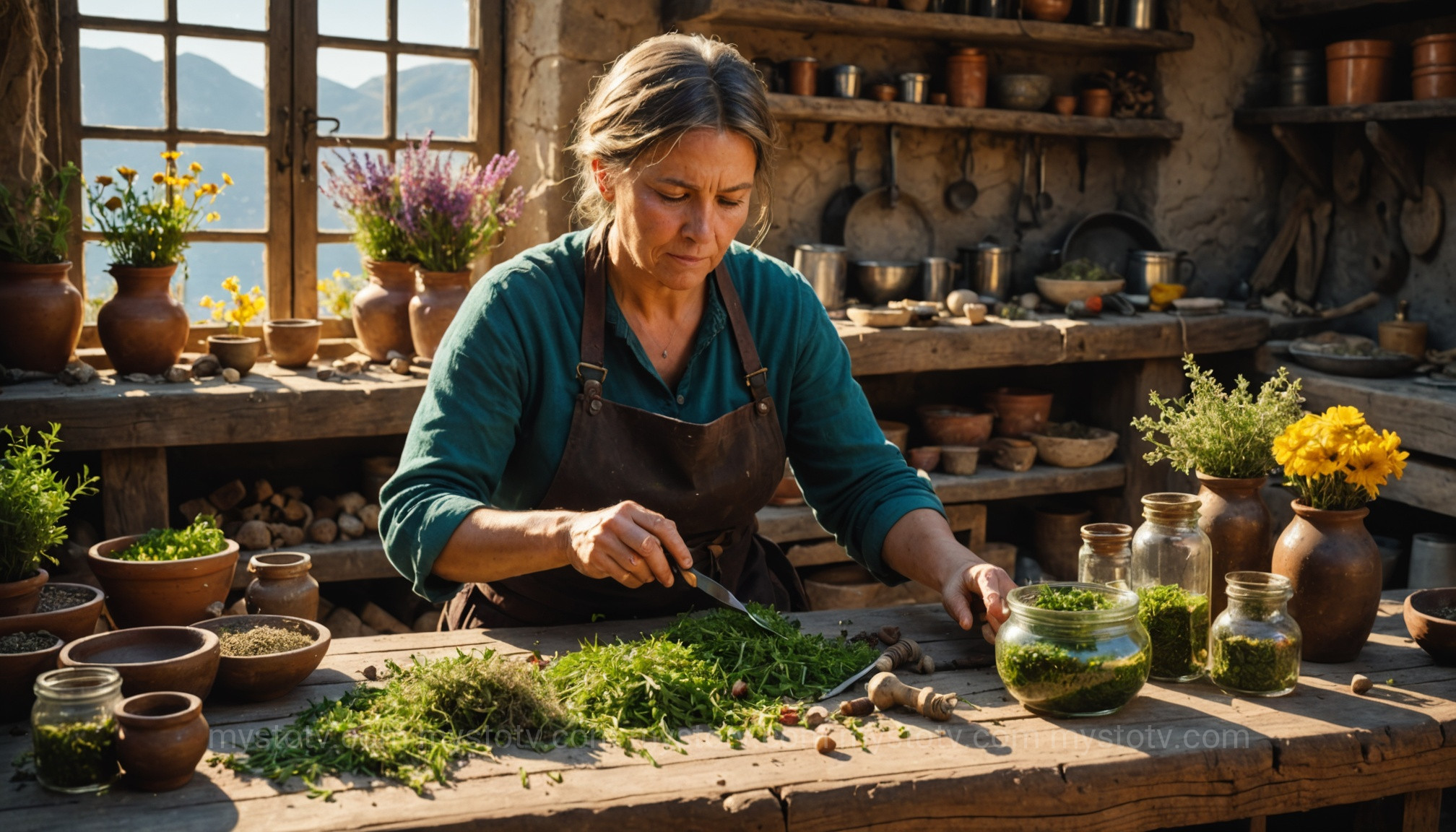 A close-up of Circe\'s workbench with herbs, potions, and a mortar and pestle, symbolizing the knowledge and power in the Circe goddess story.