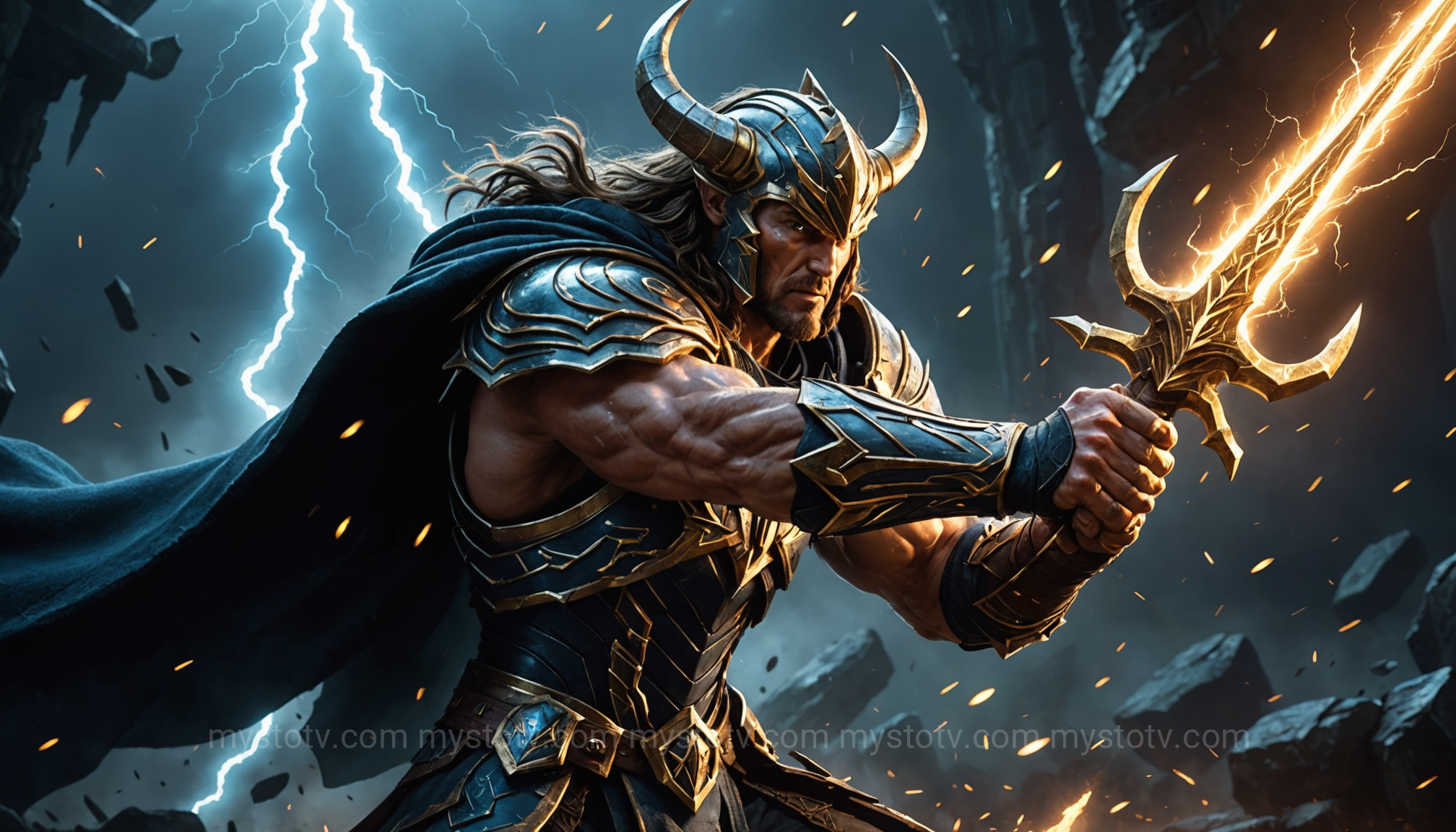 A close-up on Zeus\'s Master Bolt and Odin\'s spear Gungnir, comparing their weaponry in the fight of zeus vs odin who would win.