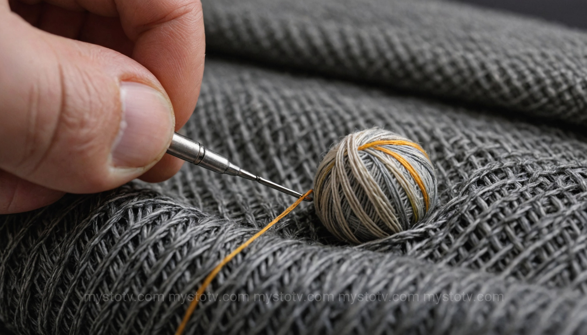 A close-up view demonstrating the weaving technique required for how to darn a sock, showing a needle passing thread horizontally through vertical stitches.