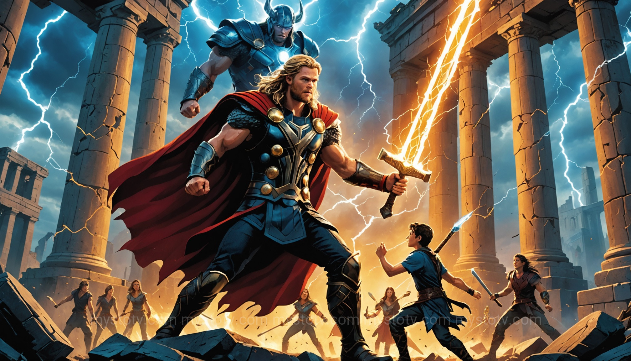 A collage of modern pop culture heroes like Thor and Percy Jackson, showing the evolution of god vs demi-god differences in media.