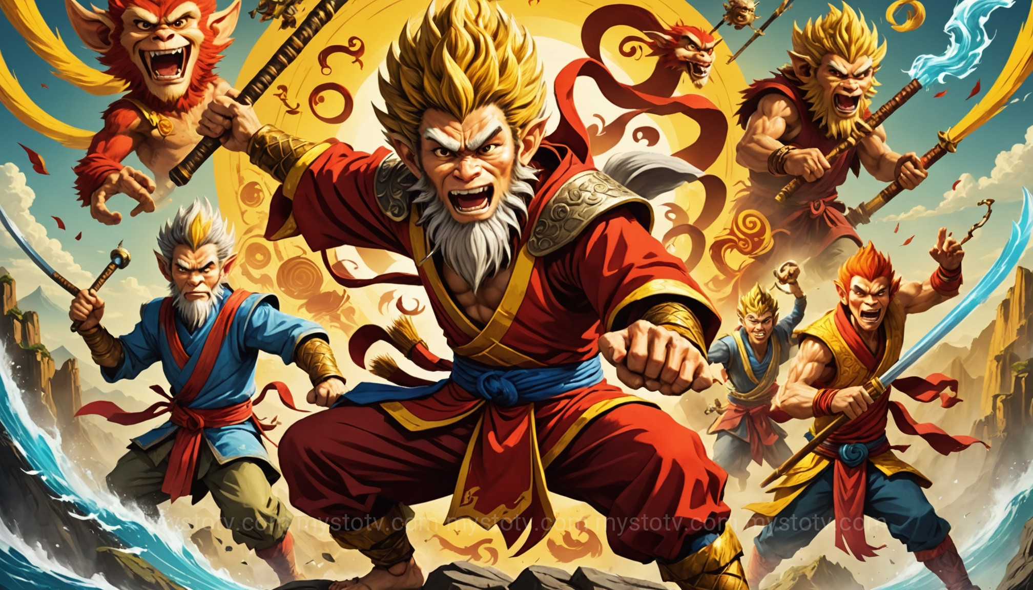 A collage showing the global cultural impact of the Sun Wukong Journey to the West in anime, games, and film.