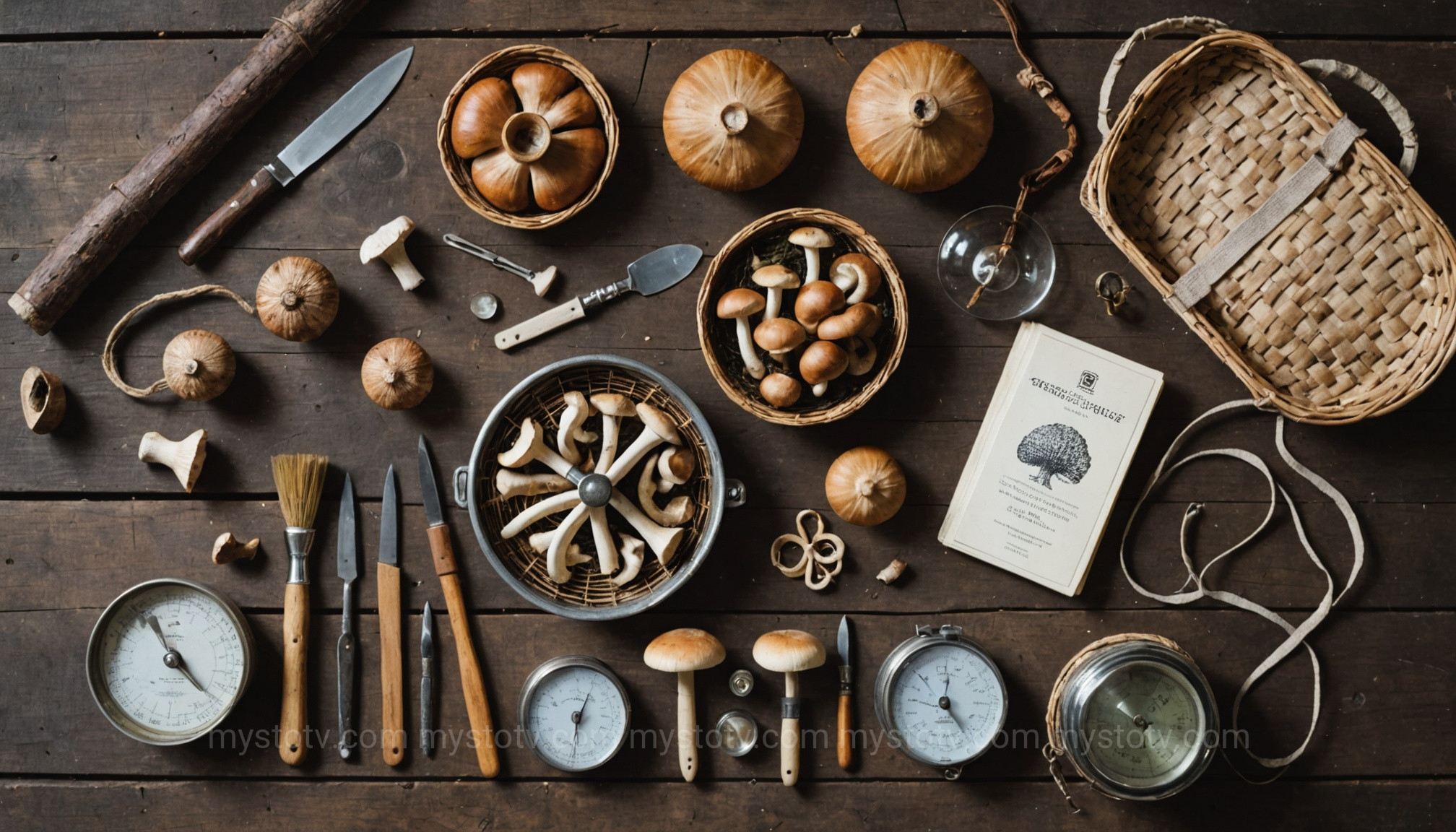 A collection of essential gear laid out for a beginner\'s foraging for mushrooms guide, including a basket, knife, and field guide.