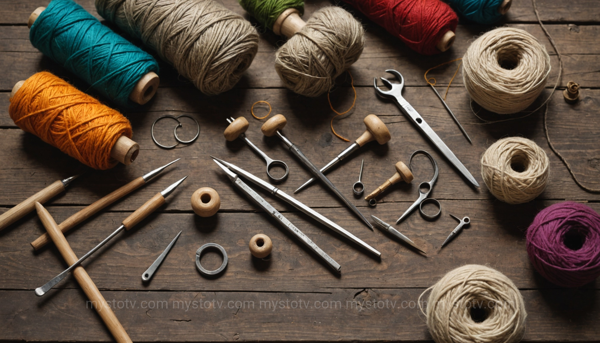 A collection of essential tools laid out on a table, ready for a lesson on how to darn a sock, including a darning mushroom, needles, and yarn.