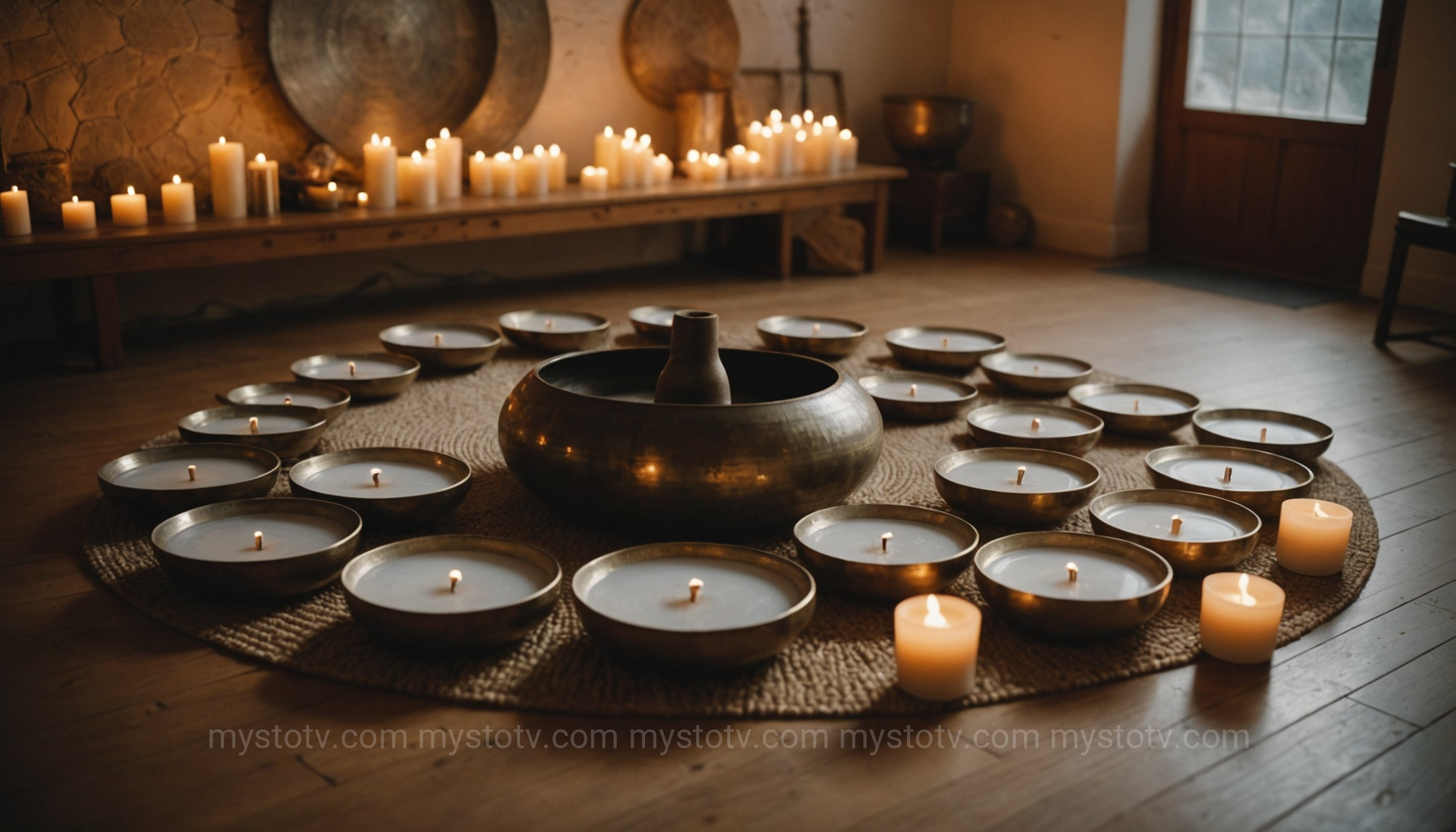 A collection of gongs and bowls used in sound bath spiritual healing ceremonies.