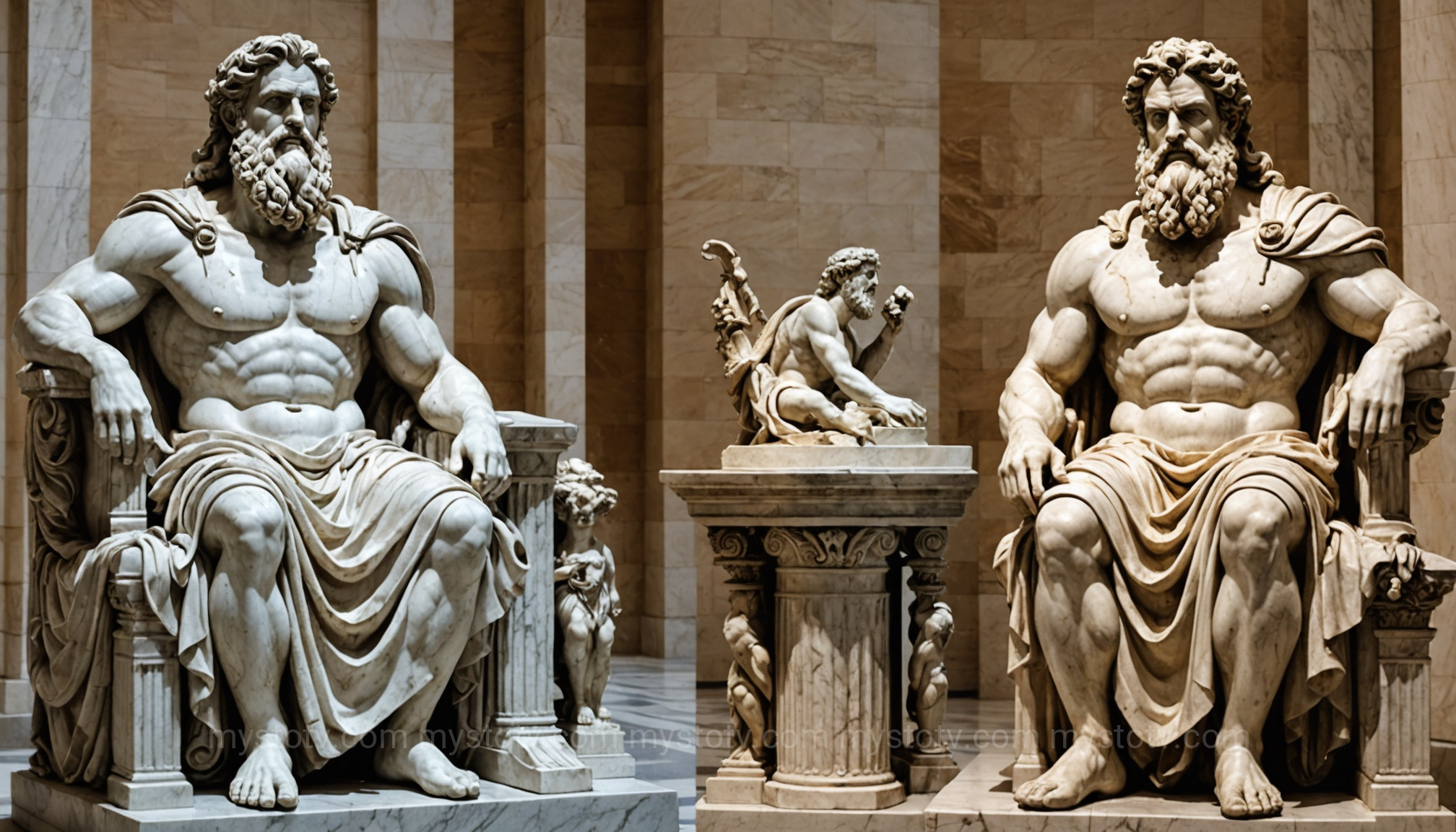 A comparative image of a Greek Zeus statue and a Roman Jupiter statue, illustrating the different cultural emphasis on the Roman god Jupiter powers.