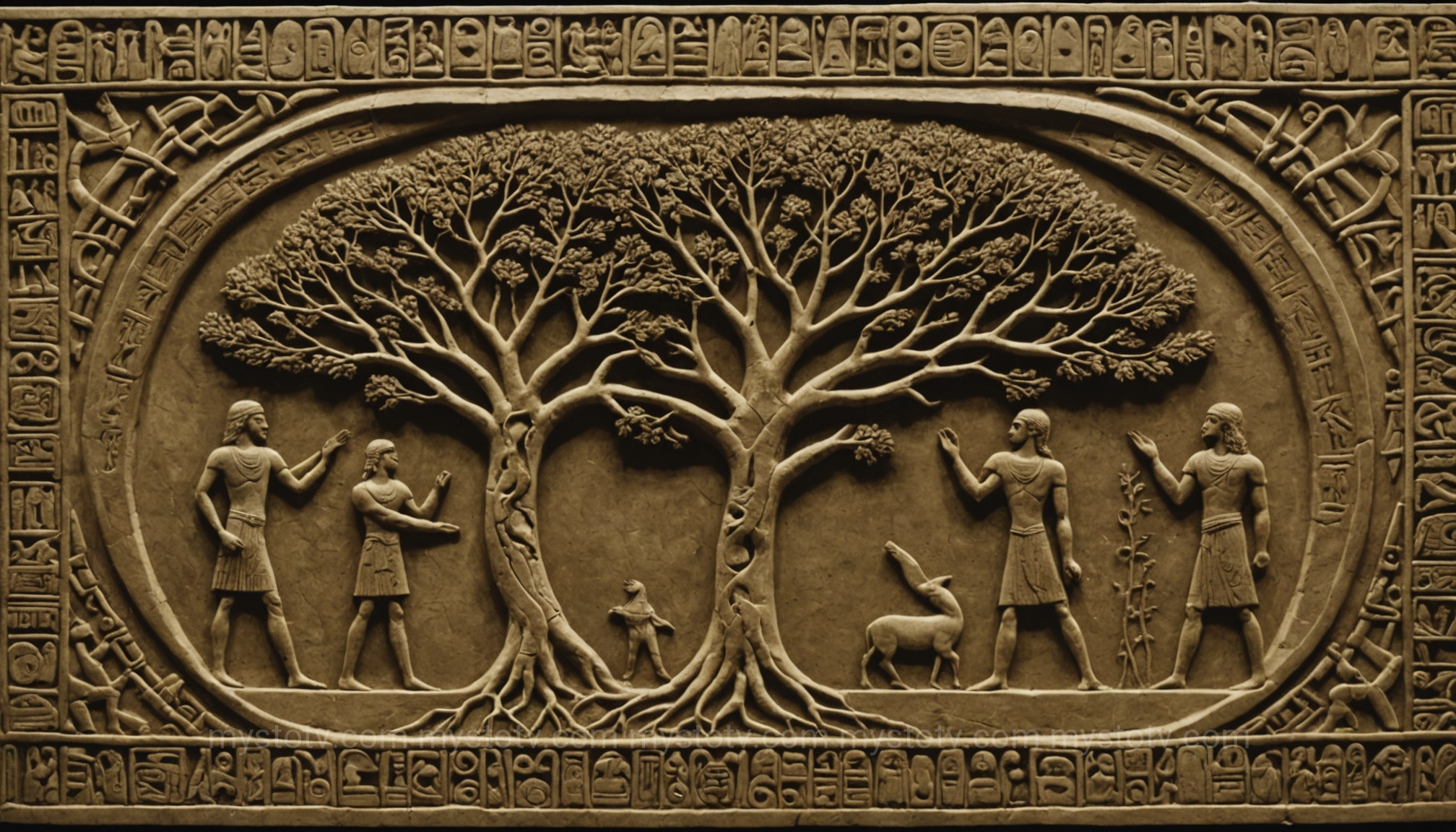 A comparative image showing the influence of the Sumerian creation myth\'s iconography on later stories like Adam and Eve.