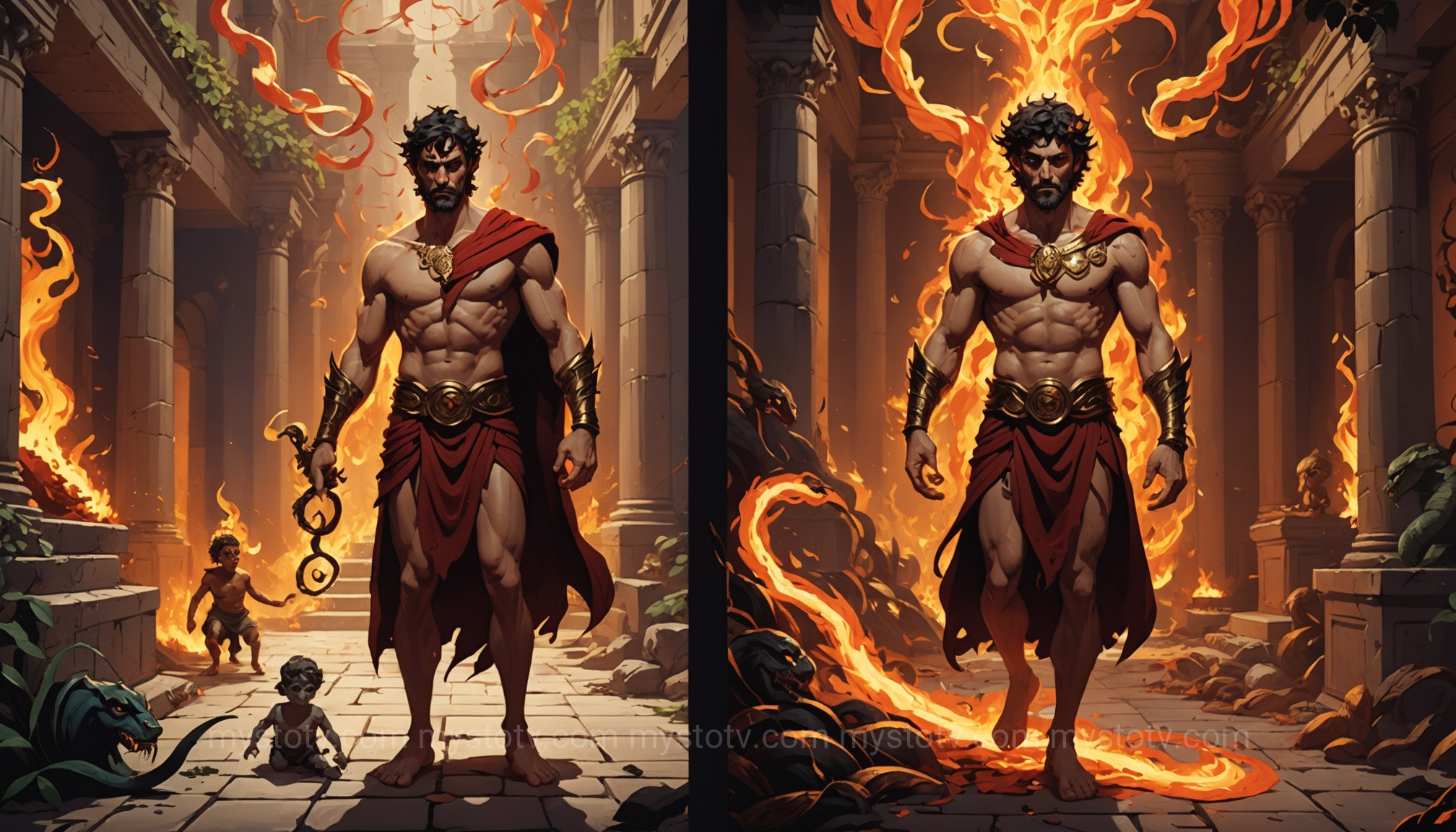 A comparison image showing the game\'s hero versus the classical interpretation of Zagreus Greek mythology.