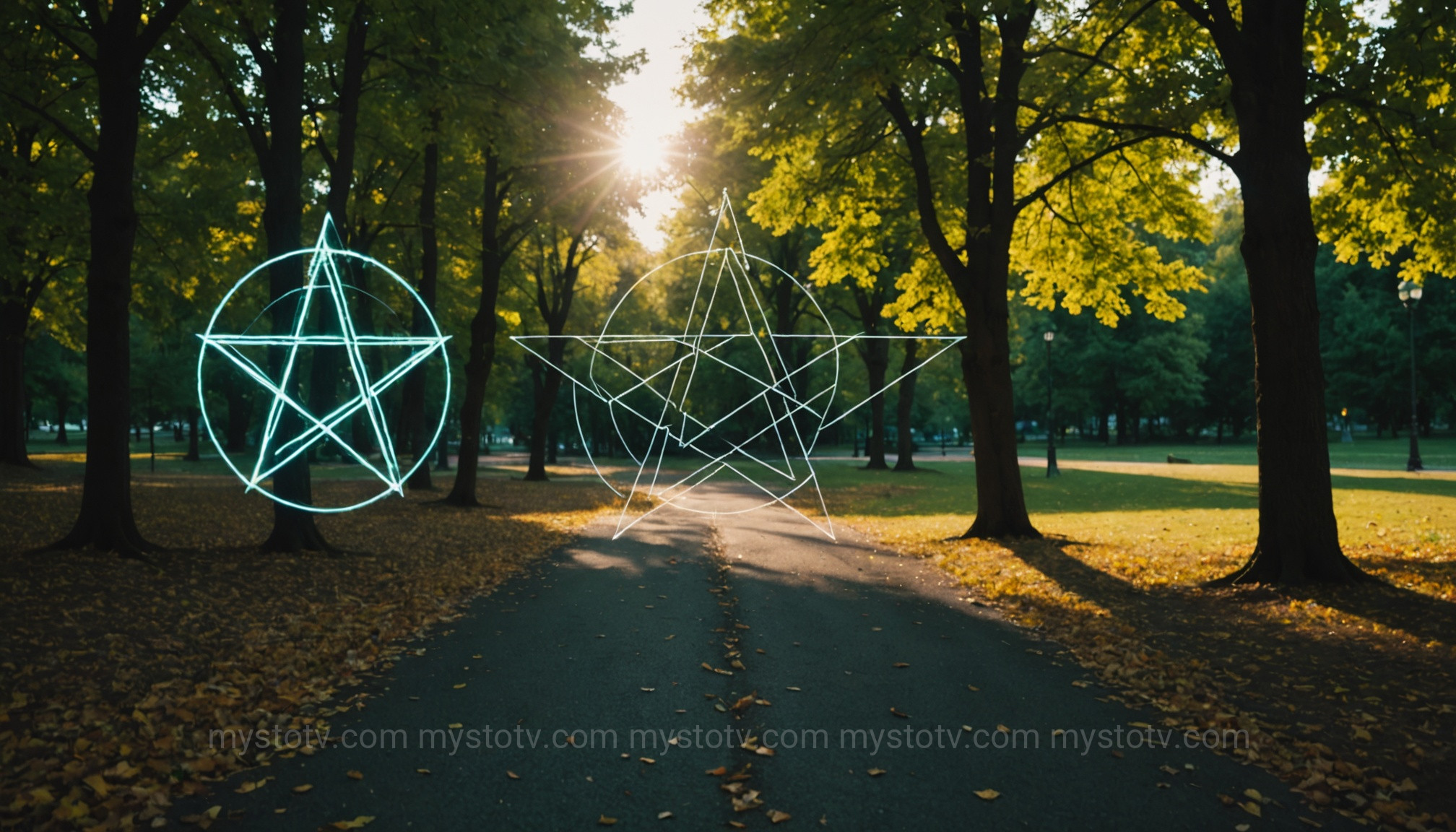 A comparison showing the conspiracy theory view versus the reality of the Lisakovsk pentagram park.