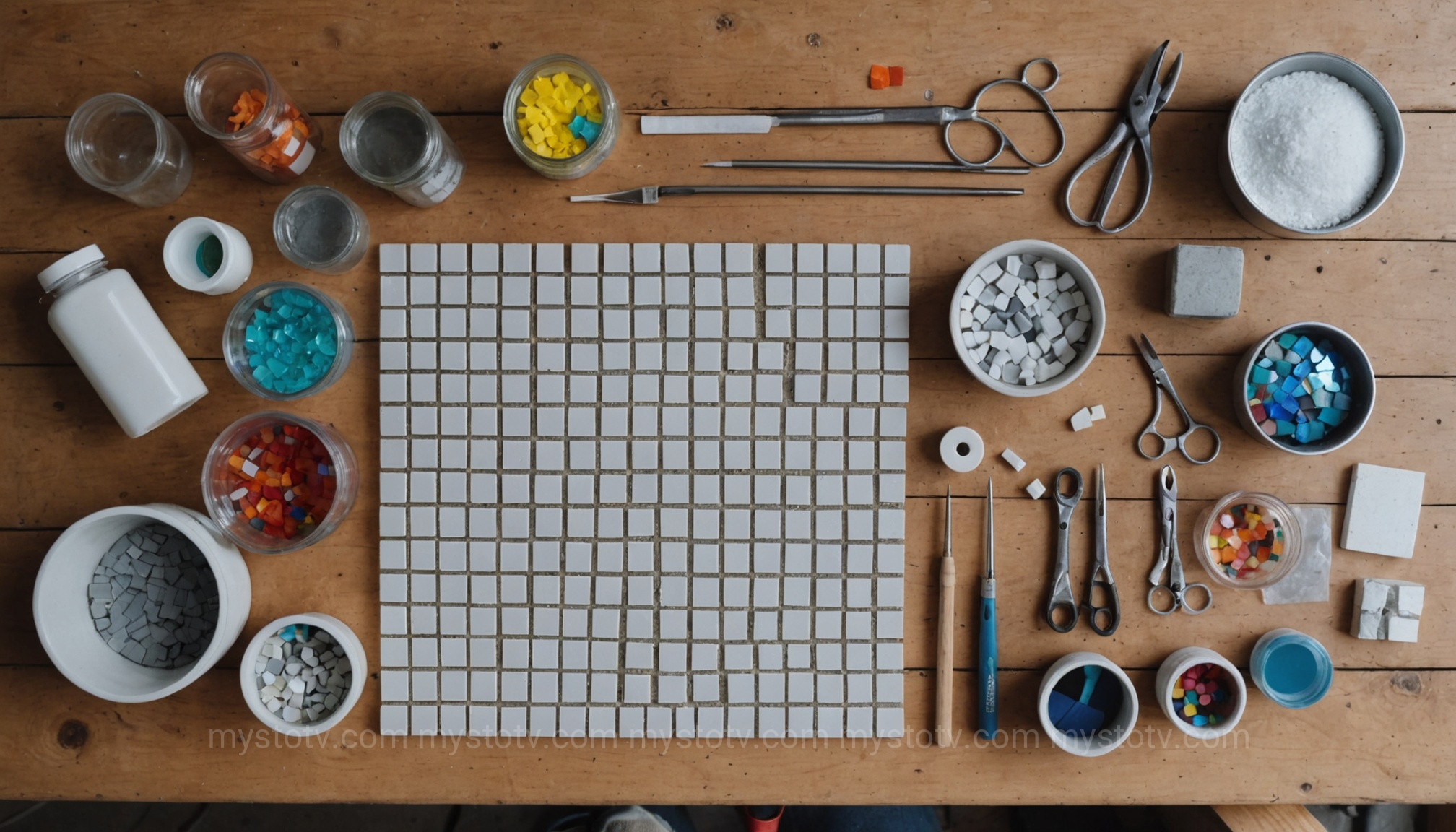 A complete kit of materials and tools laid out on a table, ready for a crafter to learn how to make a roman mosaic at home.