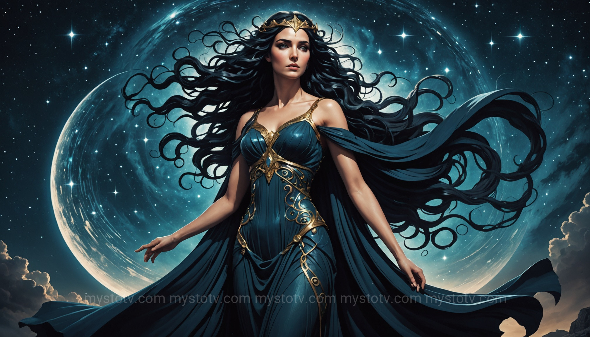 A cosmic representation illustrating the origins of the Nyx greek goddess powers.