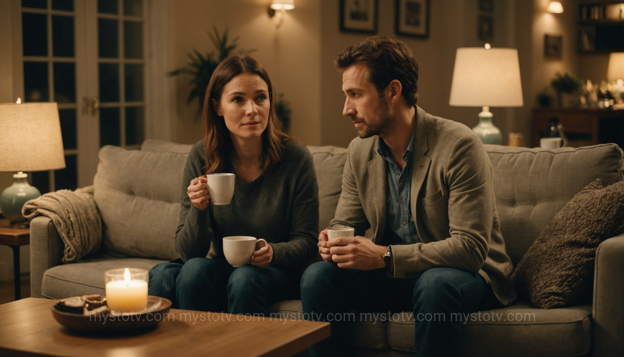 A couple sits on a sofa in a calm setting, ready for the conversation about explaining ADHD to a partner.