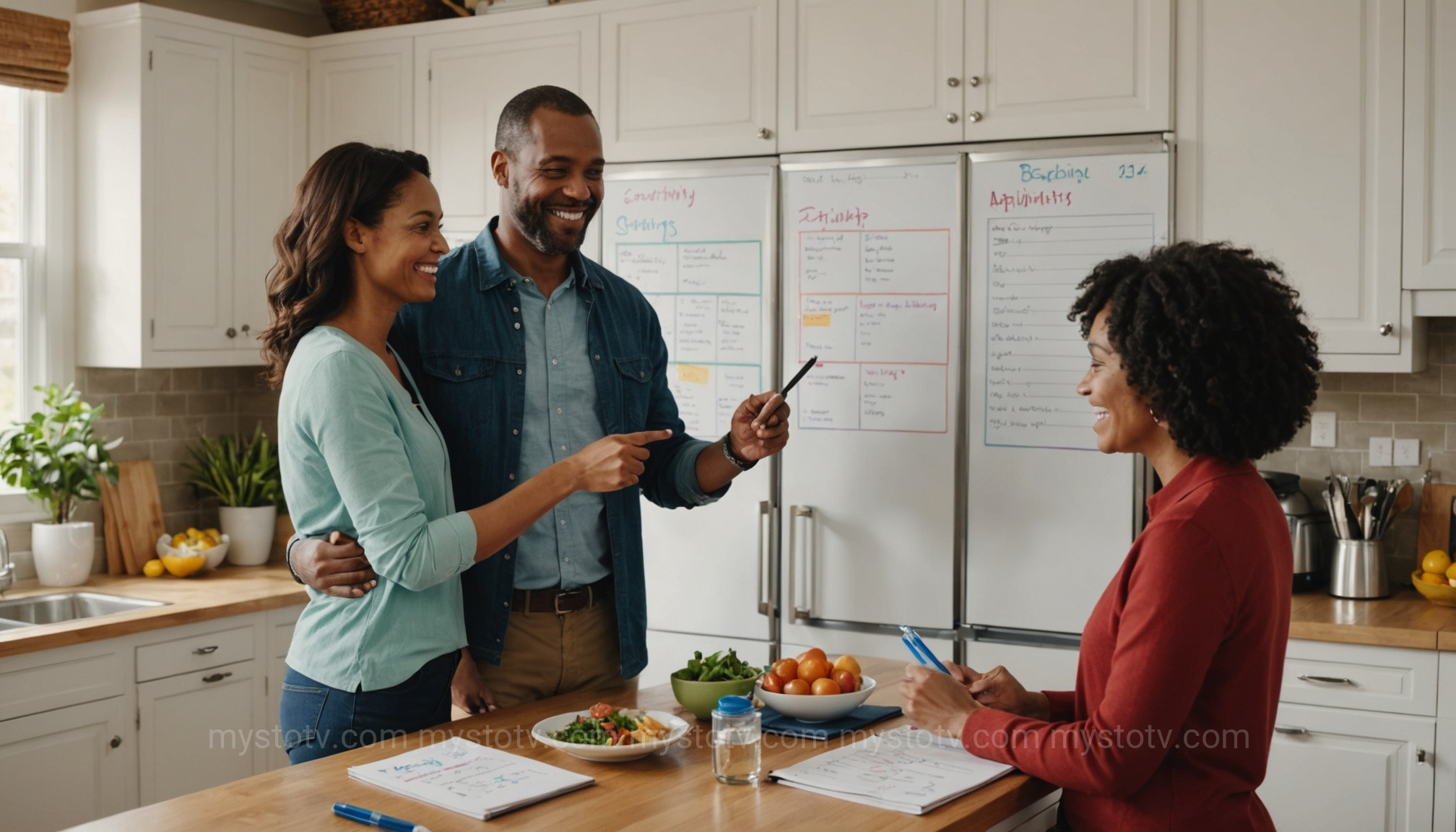 A couple uses a shared whiteboard planner, a practical strategy for a relationship after explaining ADHD to a partner.