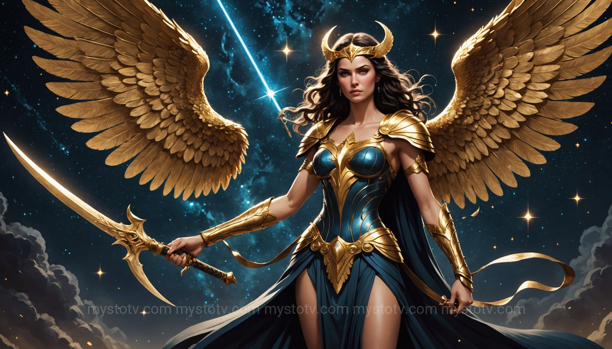 A depiction exploring who is Nemesis Greek goddess, showing her with scales of justice and a sword of retribution.