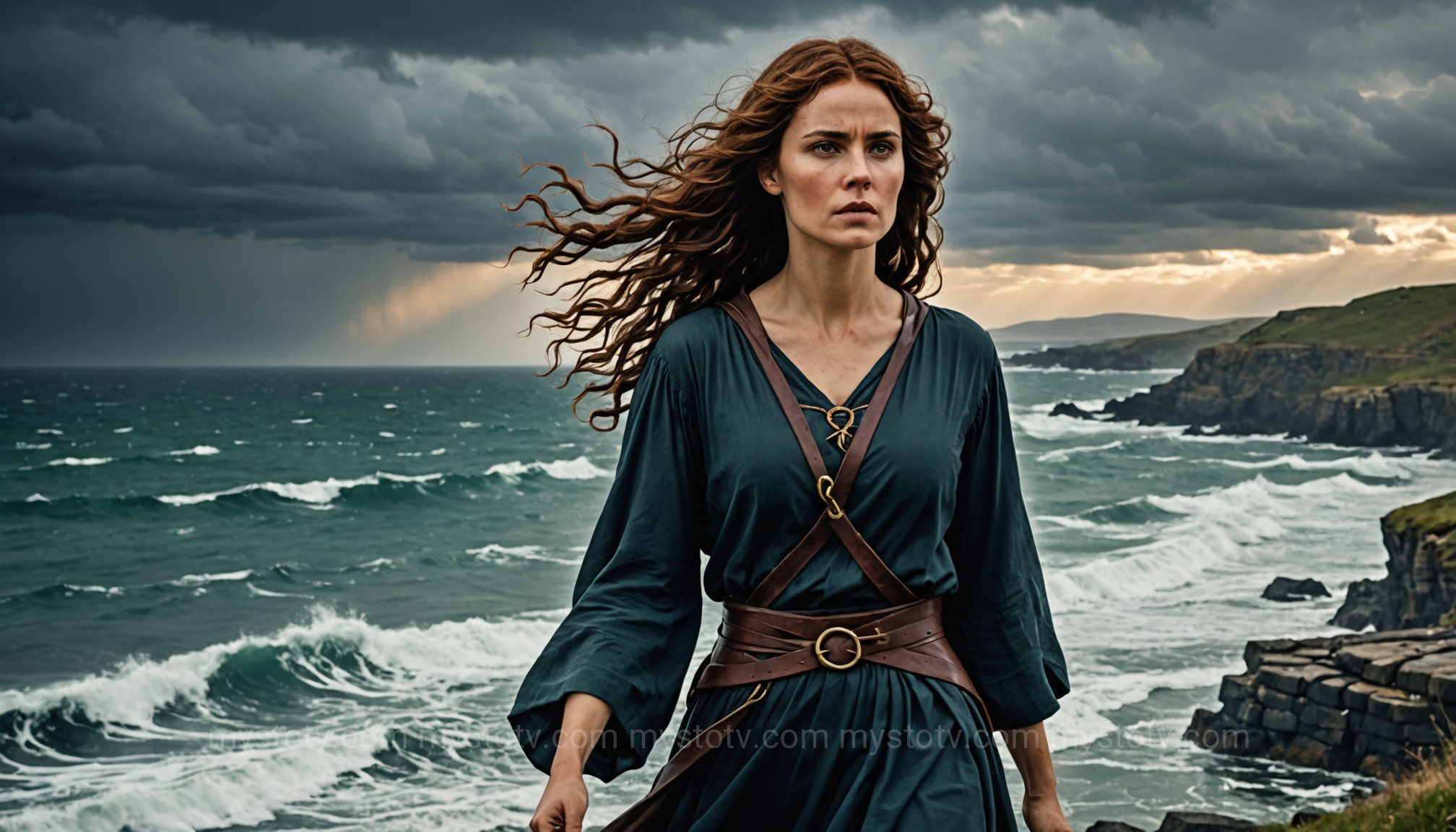 A depiction of a determined Circe on the shores of her island, reflecting the modern, feminist interpretation of the Circe goddess story from Madeline Miller\'s novel.