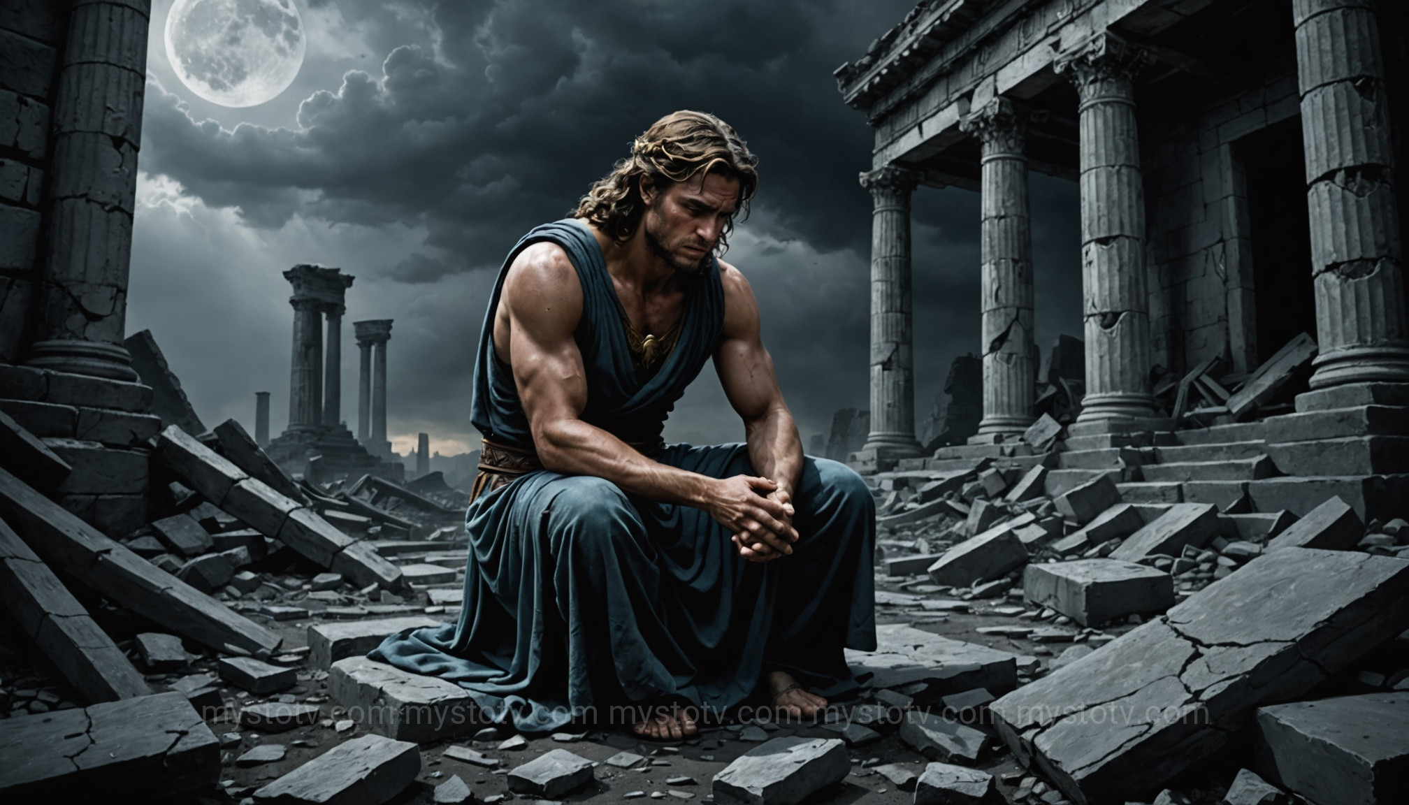 A depiction of Hercules in despair before beginning the hercules 12 labors list, under the watchful eye of Hera.