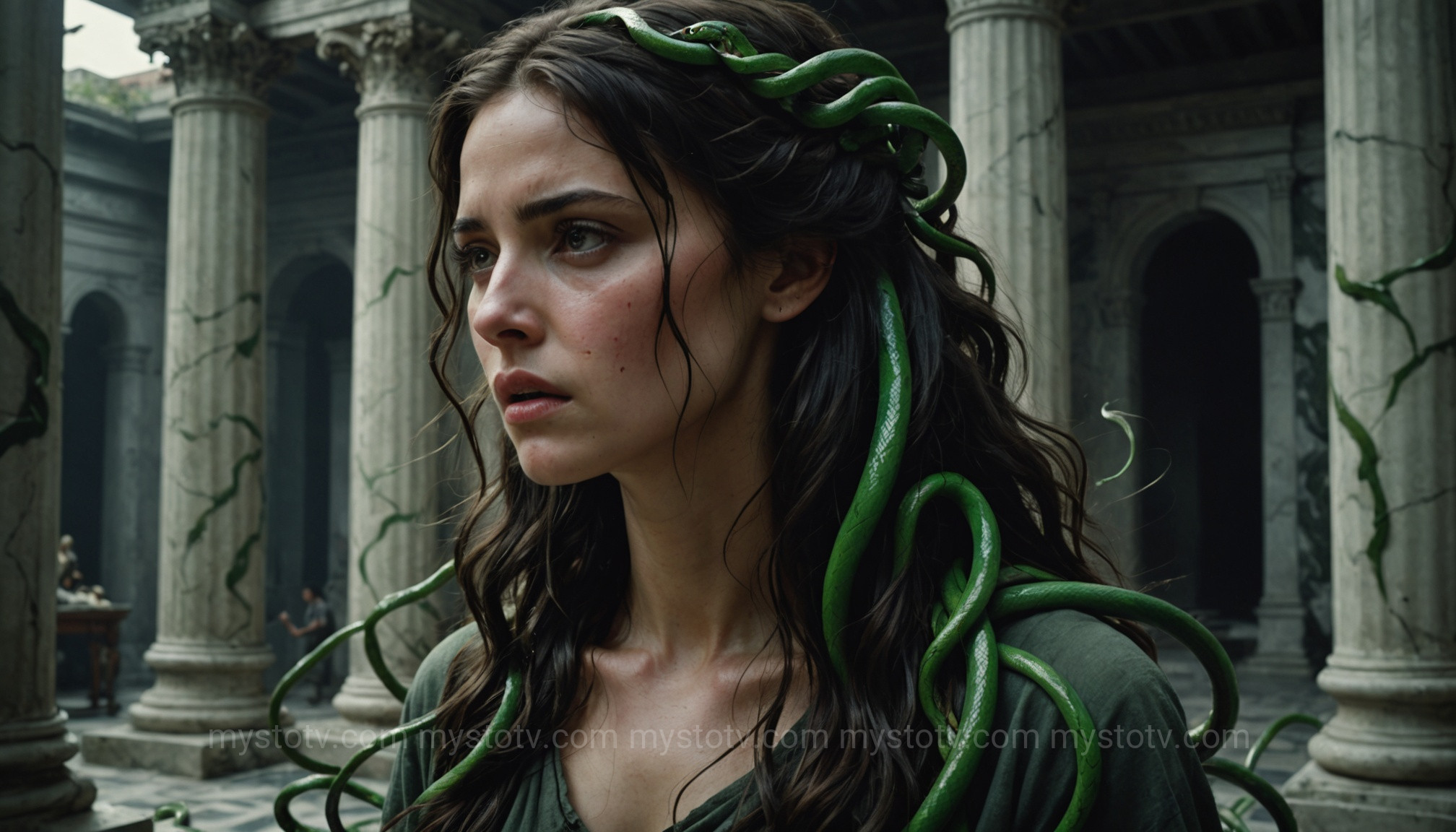 A depiction of Medusa\'s tragic transformation, exploring the victim aspect of the medusa tattoo meaning.