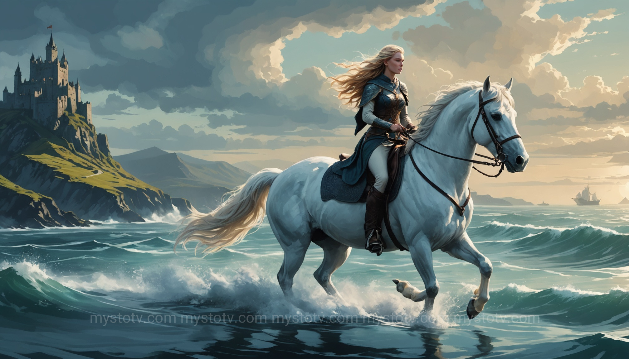A depiction of Oisín and Niamh traveling to the Otherworld, one of the most famous Irish folk tales.