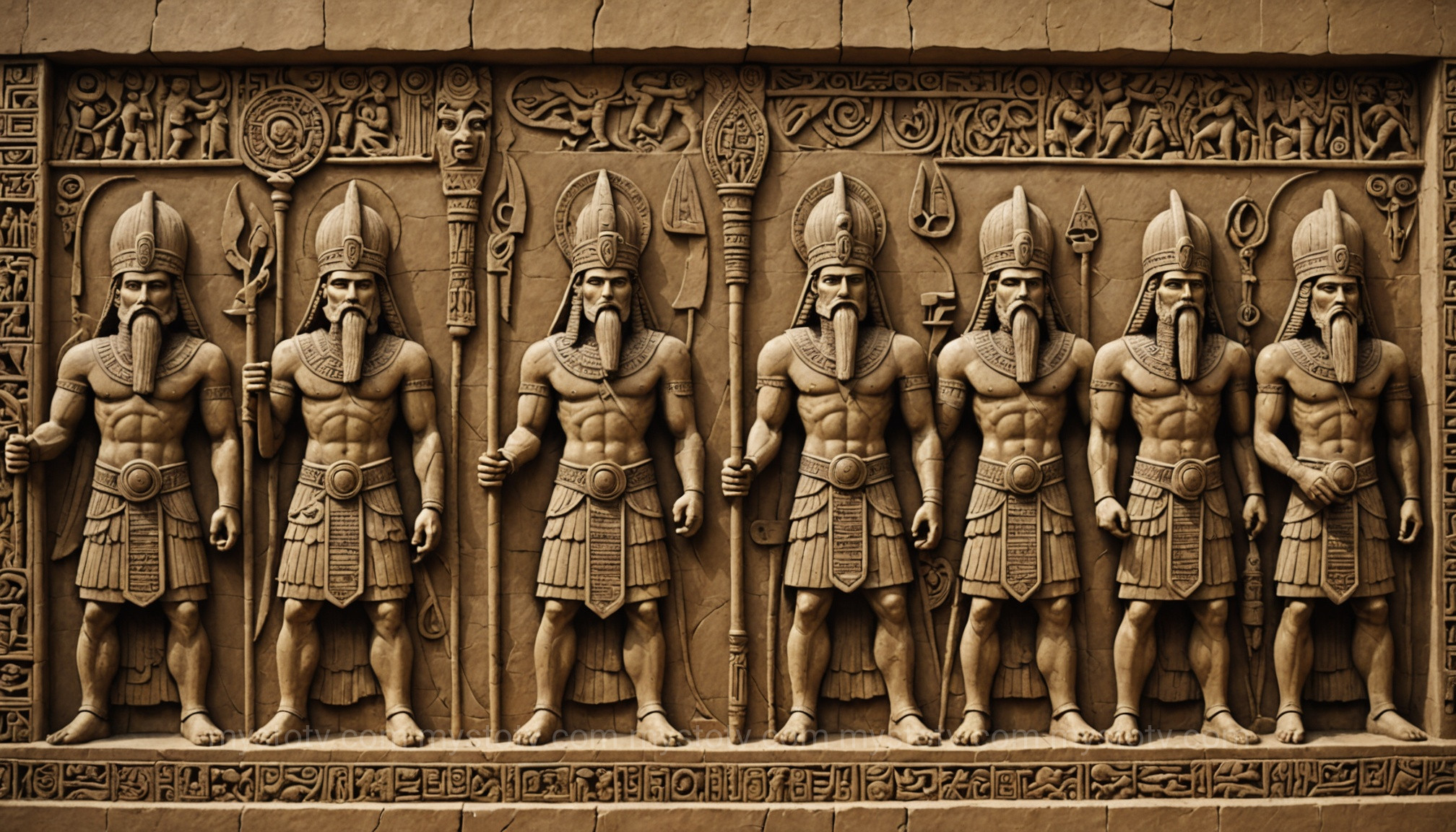 A depiction of the Anunnaki gods, key players in the Sumerian creation myth, wearing horned helmets.
