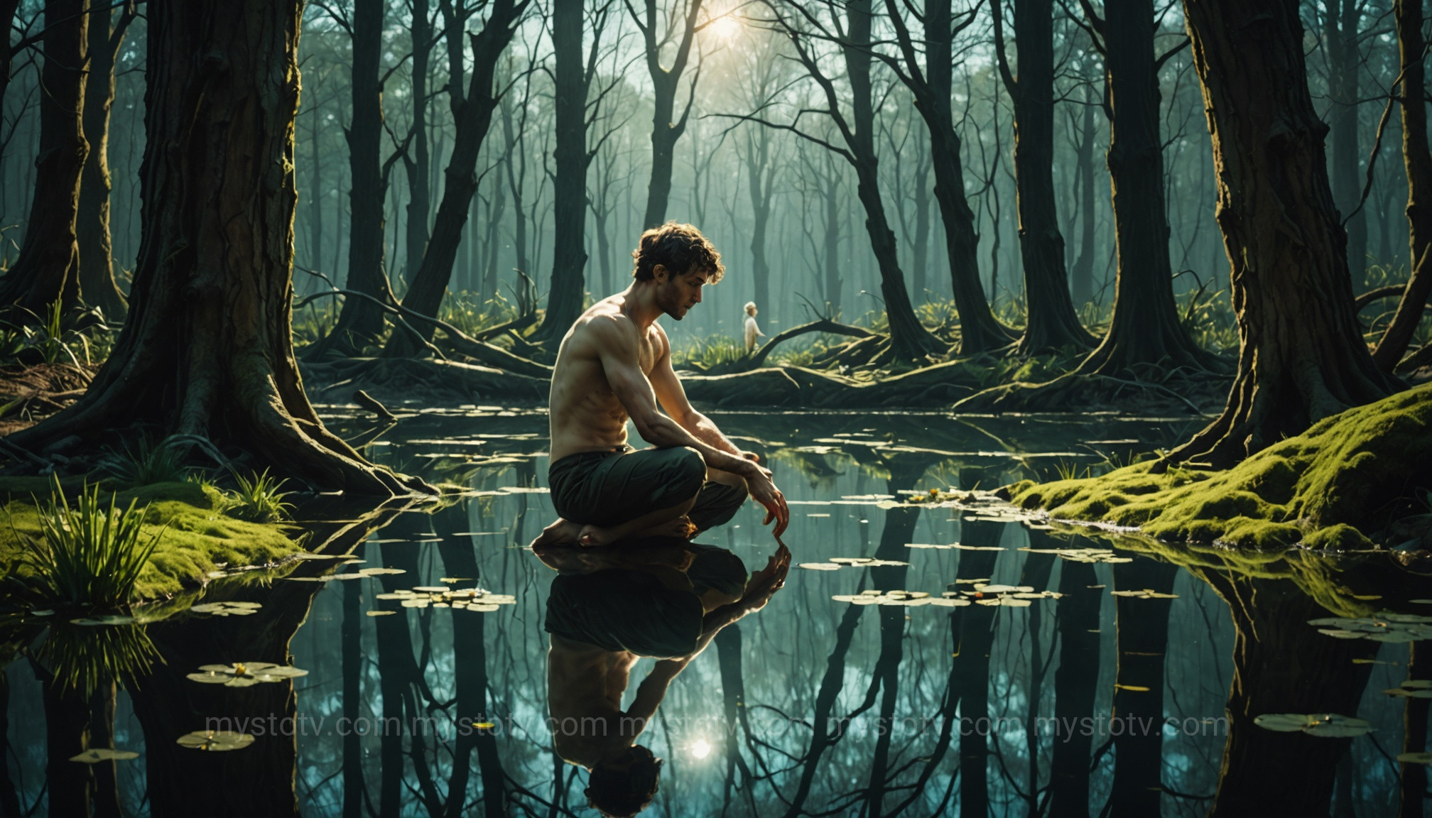 A depiction of the climax of the myth of Narcissus and Echo, where he sees his reflection and she watches in sorrow.