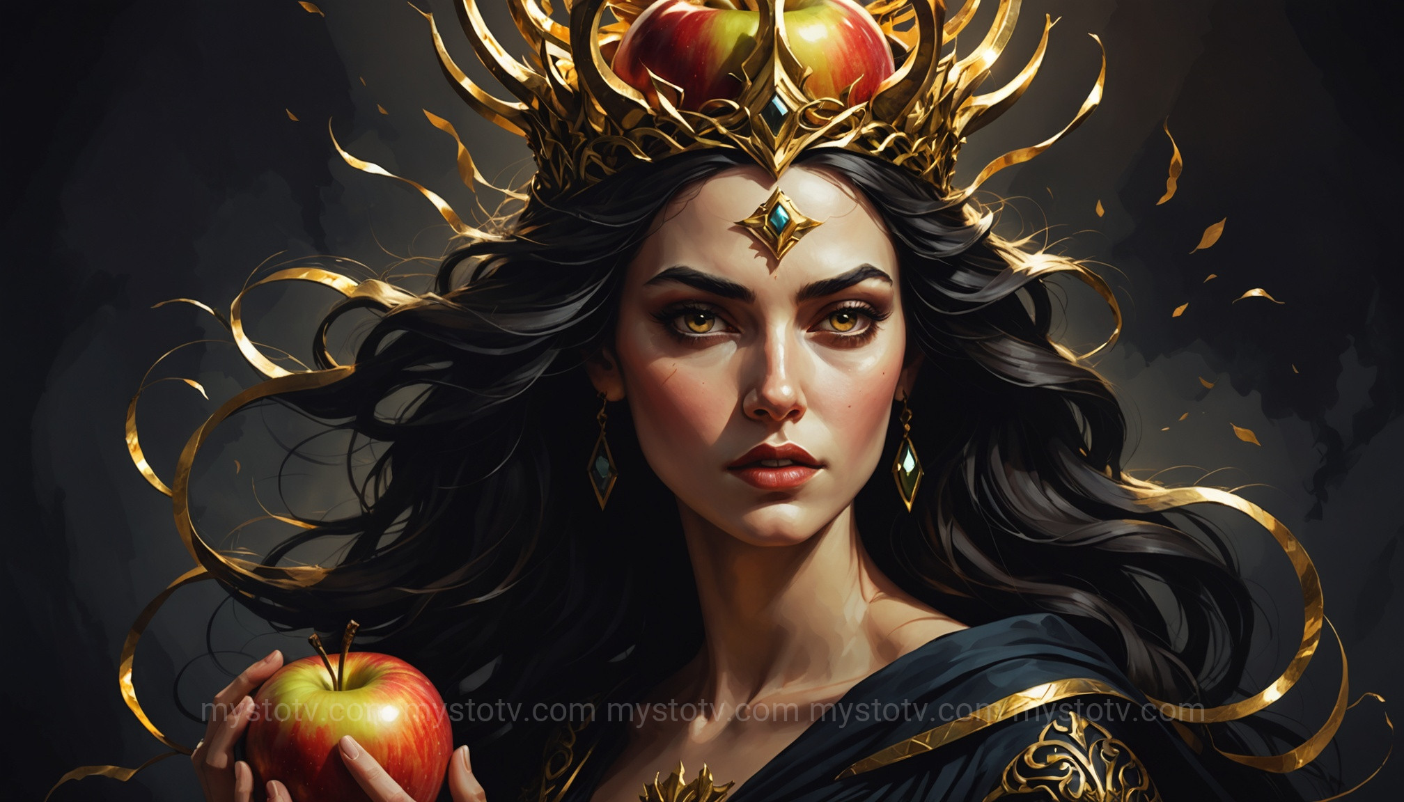 A depiction of the enigmatic Eris goddess of chaos holding the Golden Apple of Discord.