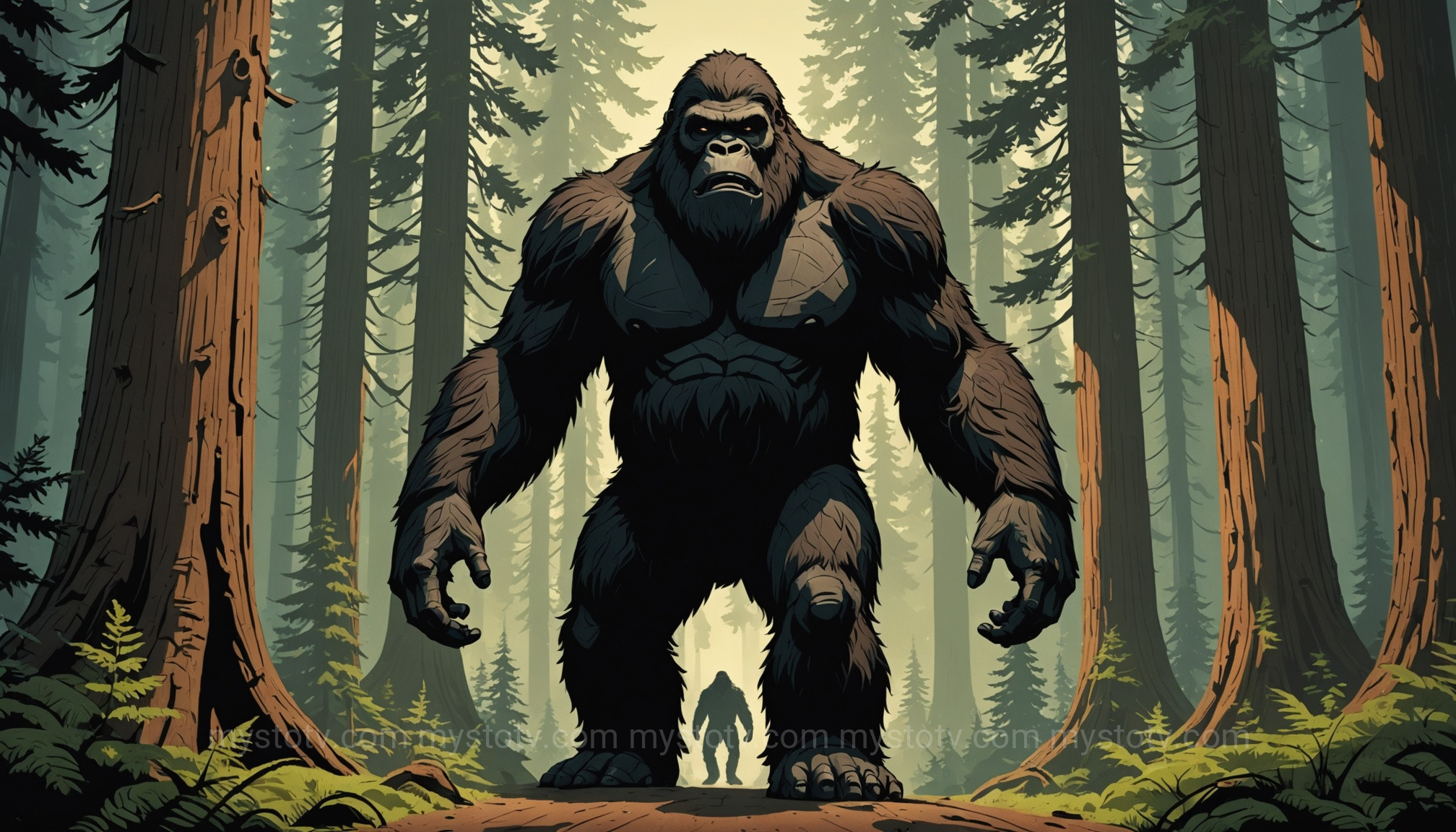 A depiction of the giant Bigfoot on a cryptid creatures list, walking through a misty forest.