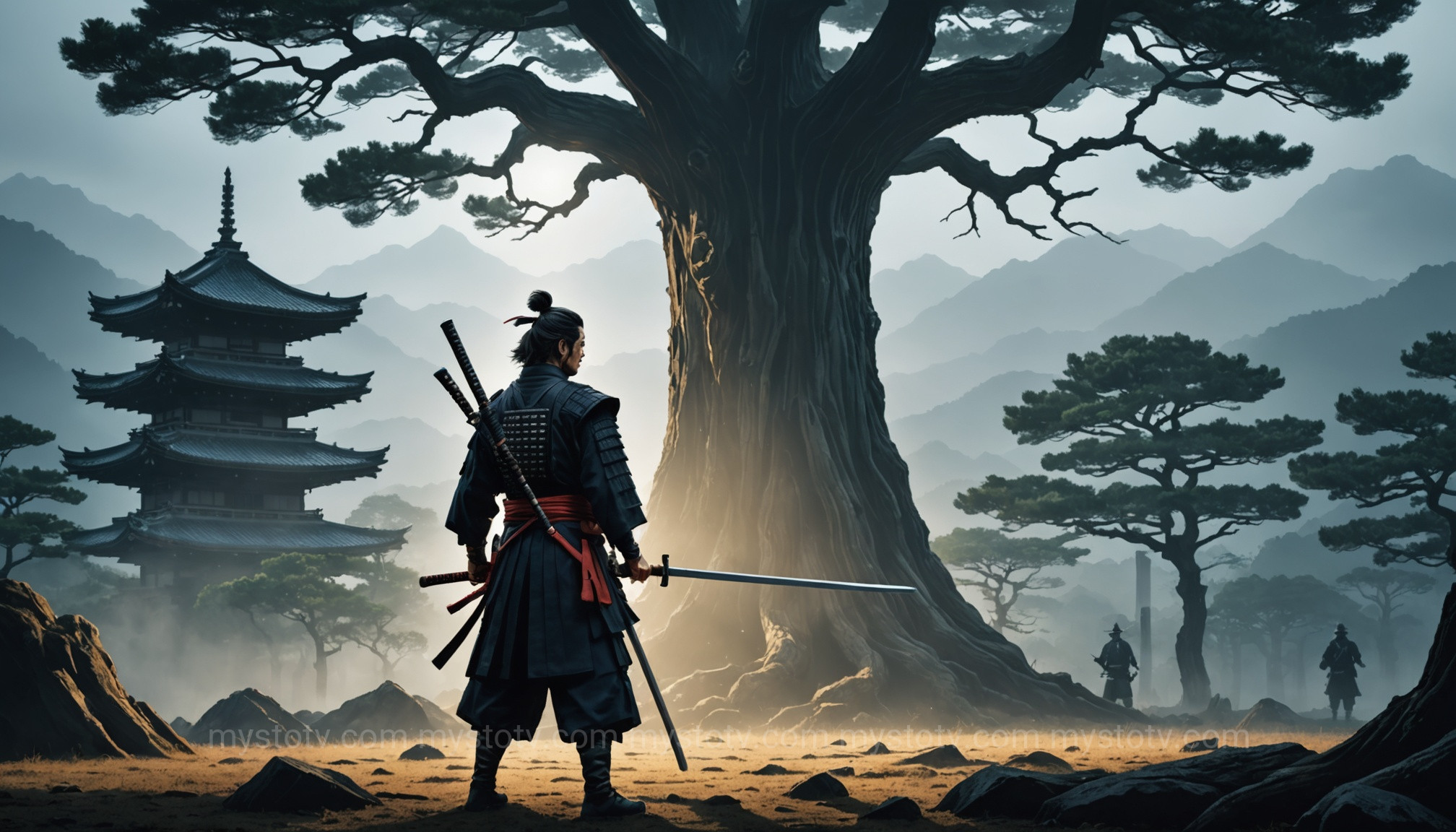 A depiction of the Miyamoto Musashi duels, showing Musashi surrounded by the Yoshioka clan at Ichijō-ji temple.
