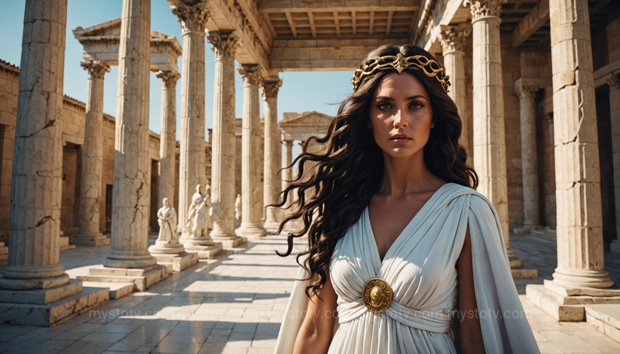 A depiction of the mortal priestess Medusa in a temple, an essential part of the original story of Medusa and Athena.