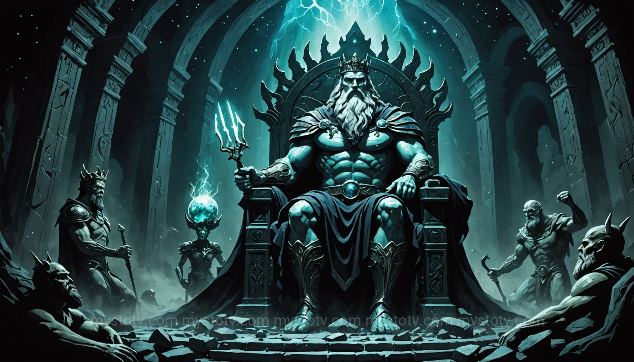 A depiction of the prophecy about how Cronus did die, showing him on his throne fearing his children.