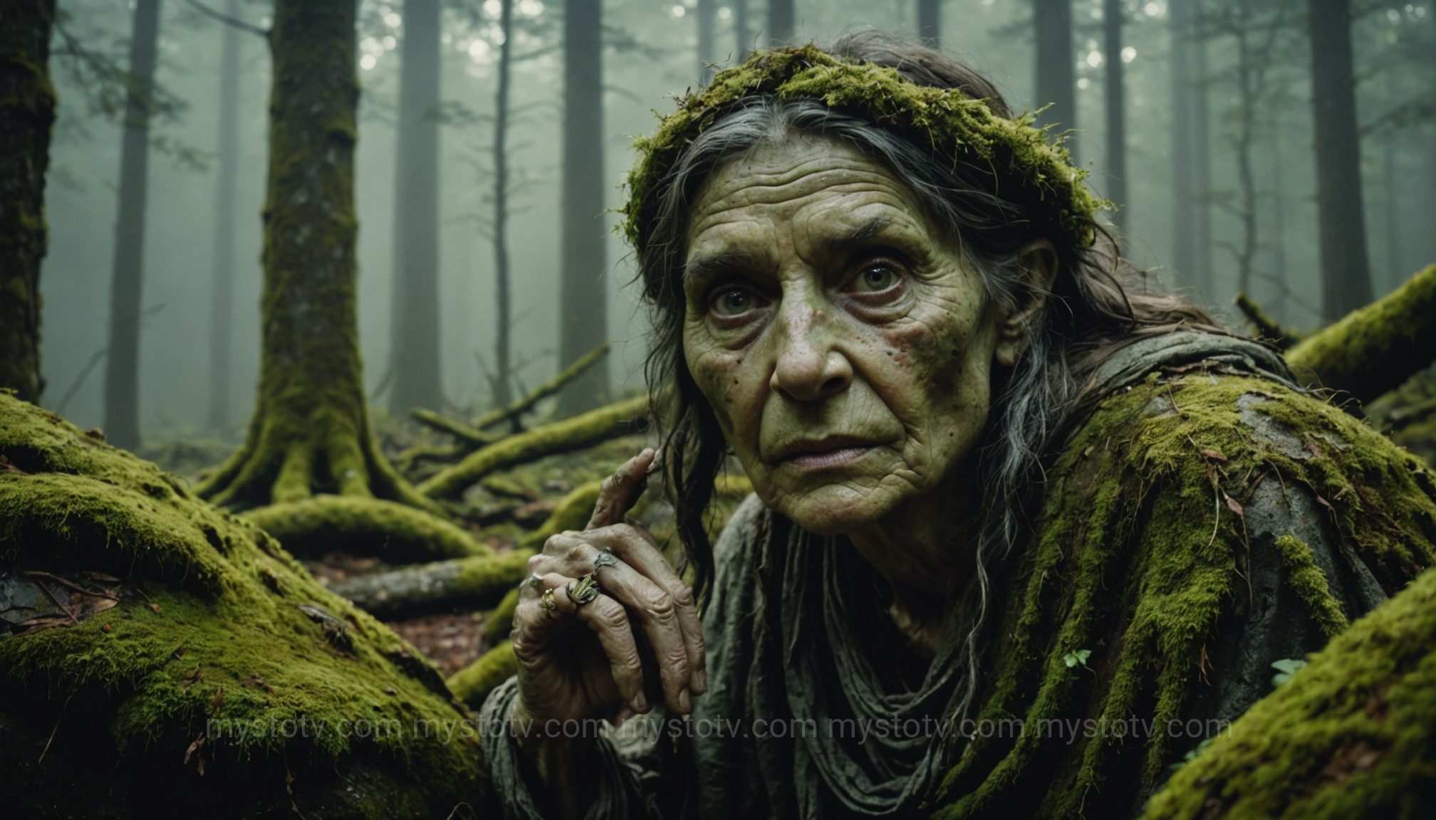 A depiction of the Spearfinger, a fearsome creature from Appalachian folklore stories, hiding in a misty forest.