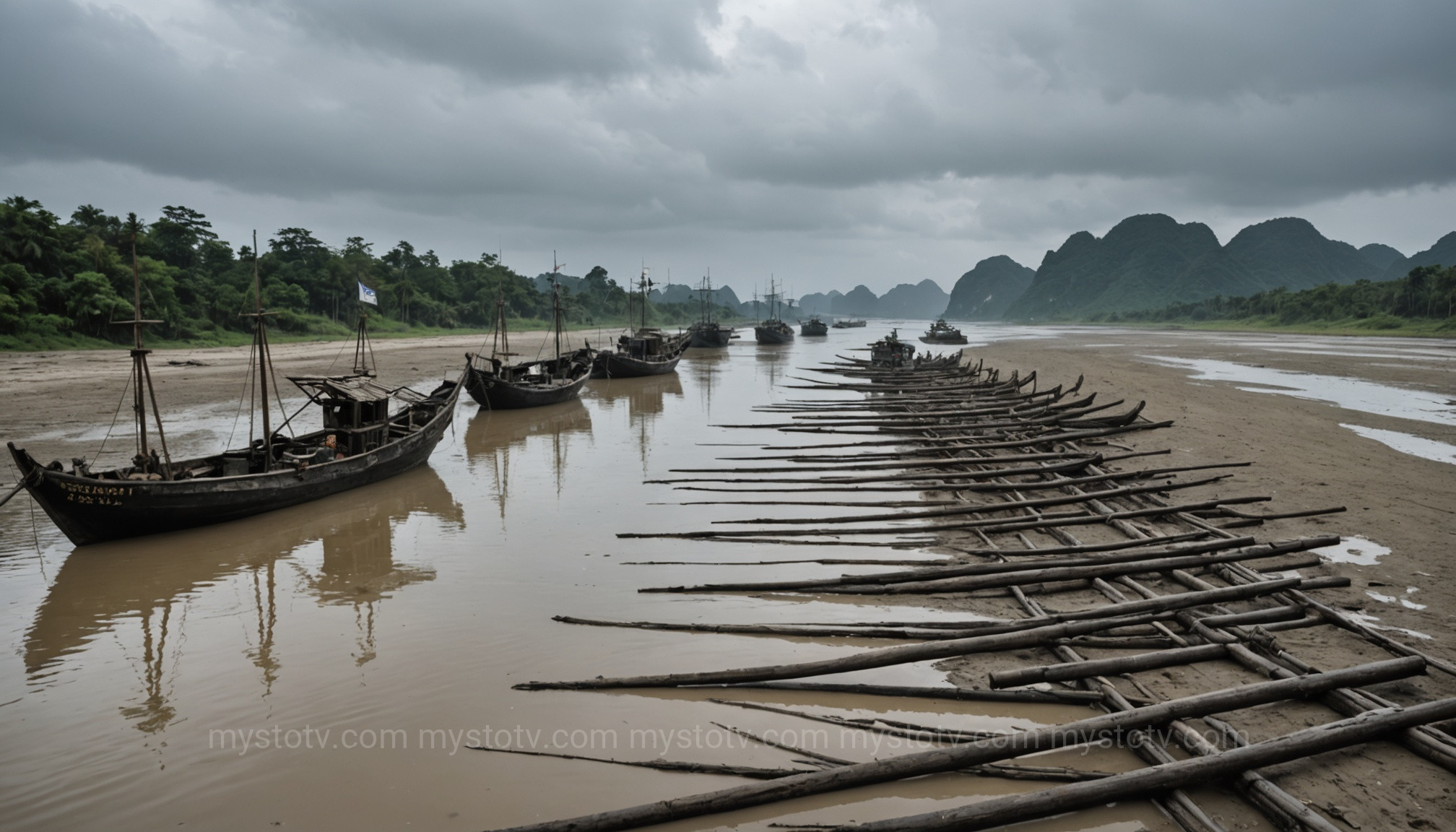 A depiction of the strategic stake trap used in the Bach Dang 938 battle, showcasing Ngo Quyen\'s military genius.