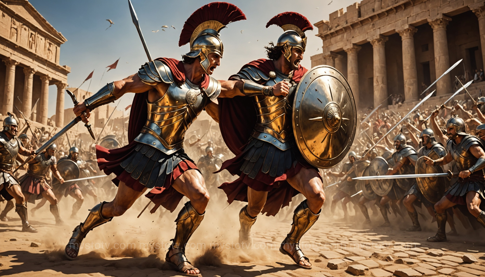 A detailed action shot from the duel of Achilles vs Hector, showing the two warriors clashing with spears and shields outside Troy.