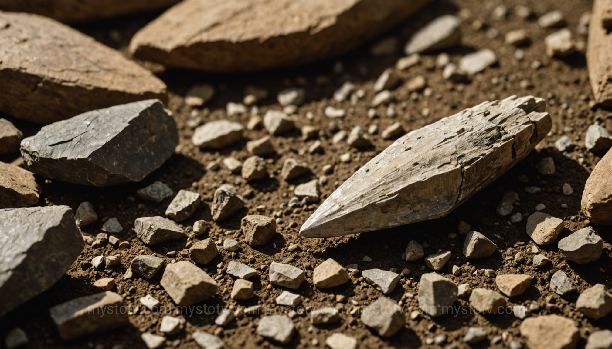 A detailed image of a Clovis point, a key artifact from early peoples who crossed the Bering Land Bridge, found near megafauna remains.