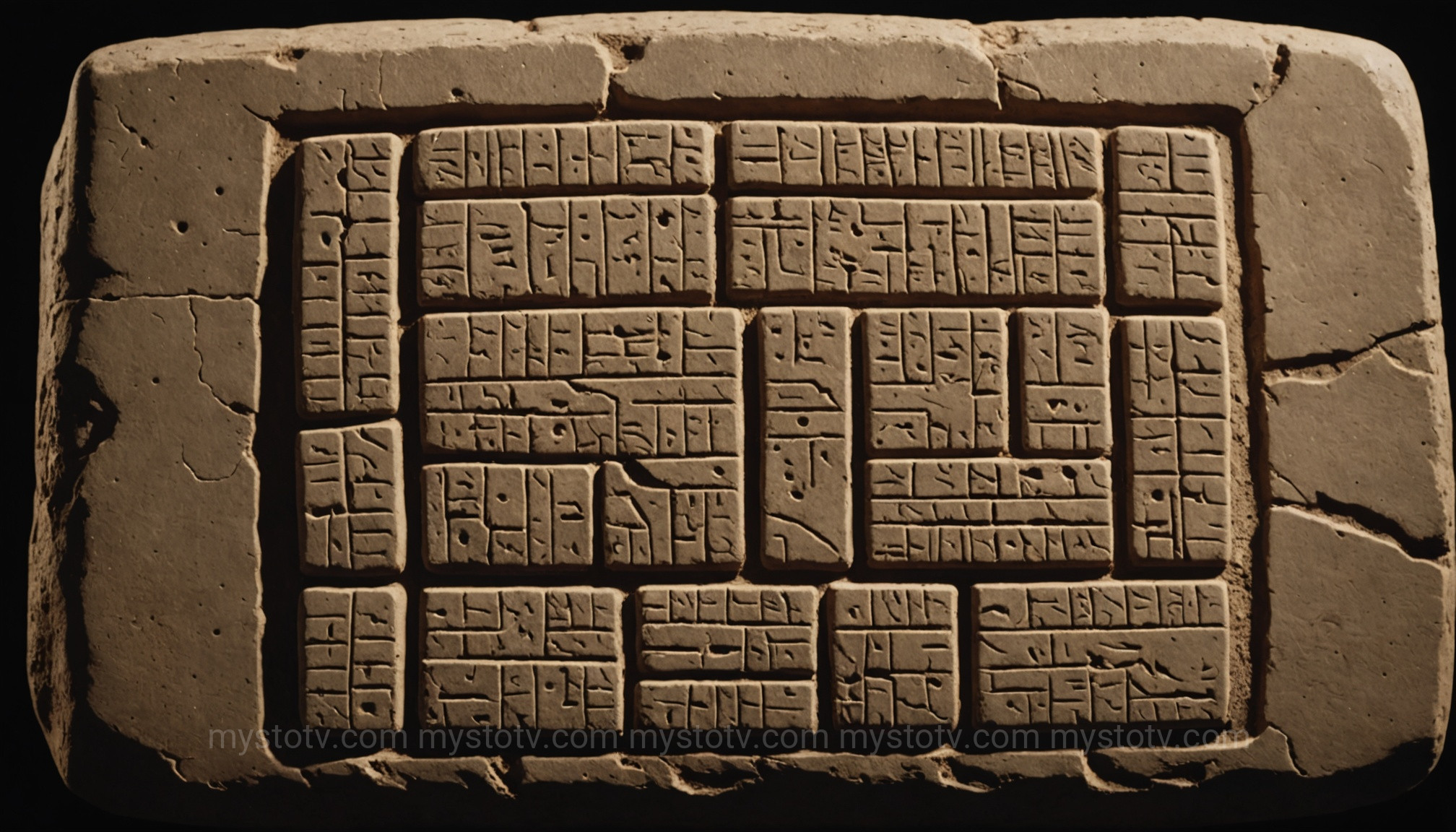 A detailed photograph of a cuneiform tablet, a primary source for the Sumerian creation myth, showing its ancient script.