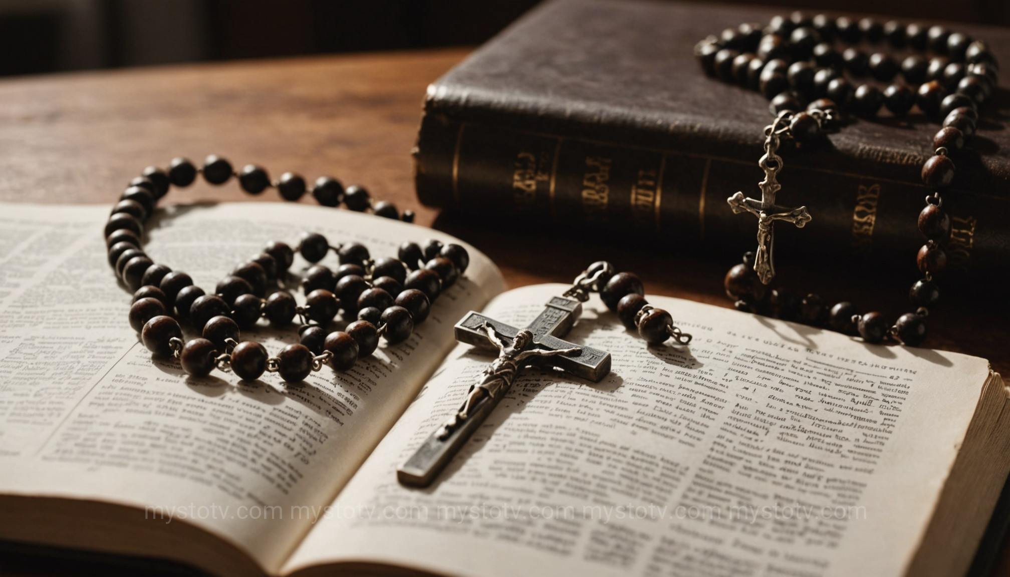 A detailed view of a wooden Catholic Rosary used in Christian prayer beads usage religions, symbolizing faith and meditation.