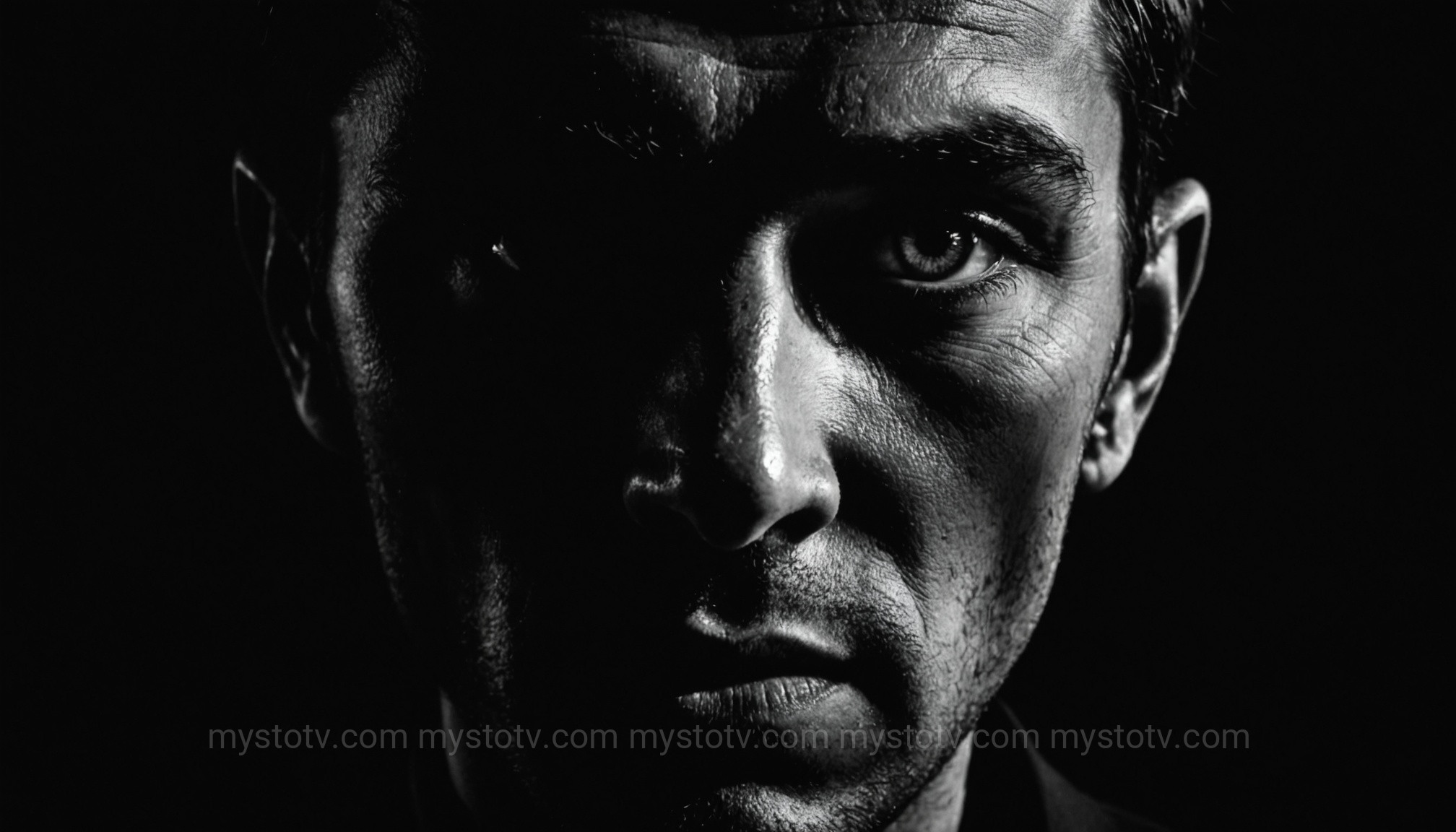 A face half-lit, showing an intense emotion, representing the shadow self psychology concept of repressed feelings emerging.