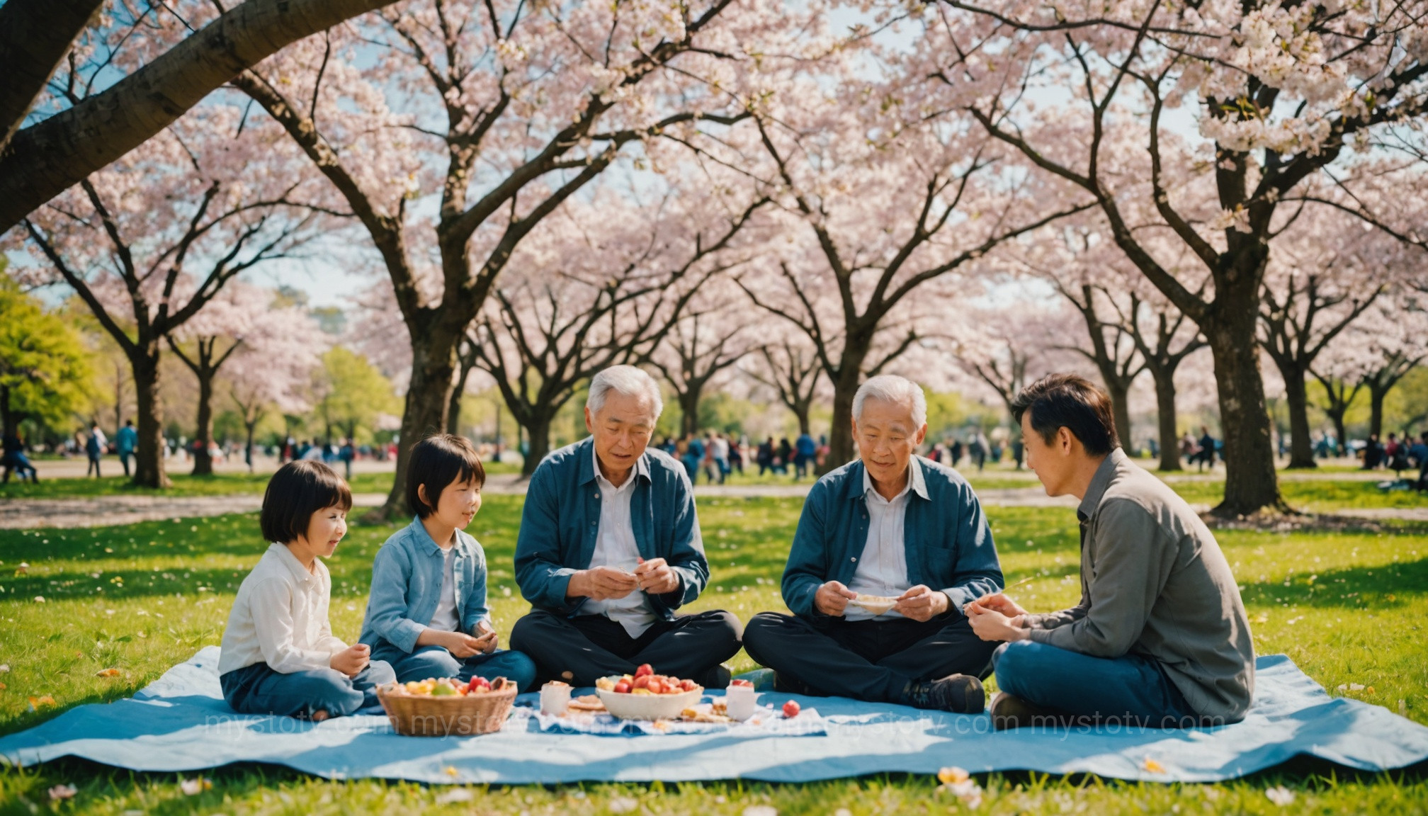 A family enjoys a picnic, illustrating the joyful romance of a hanami cherry blossom festival in Japan.