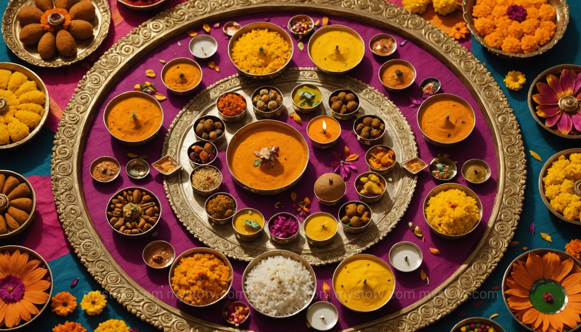 A festive platter with sweets and diyas, representing the five-day celebration of the diwali festival.