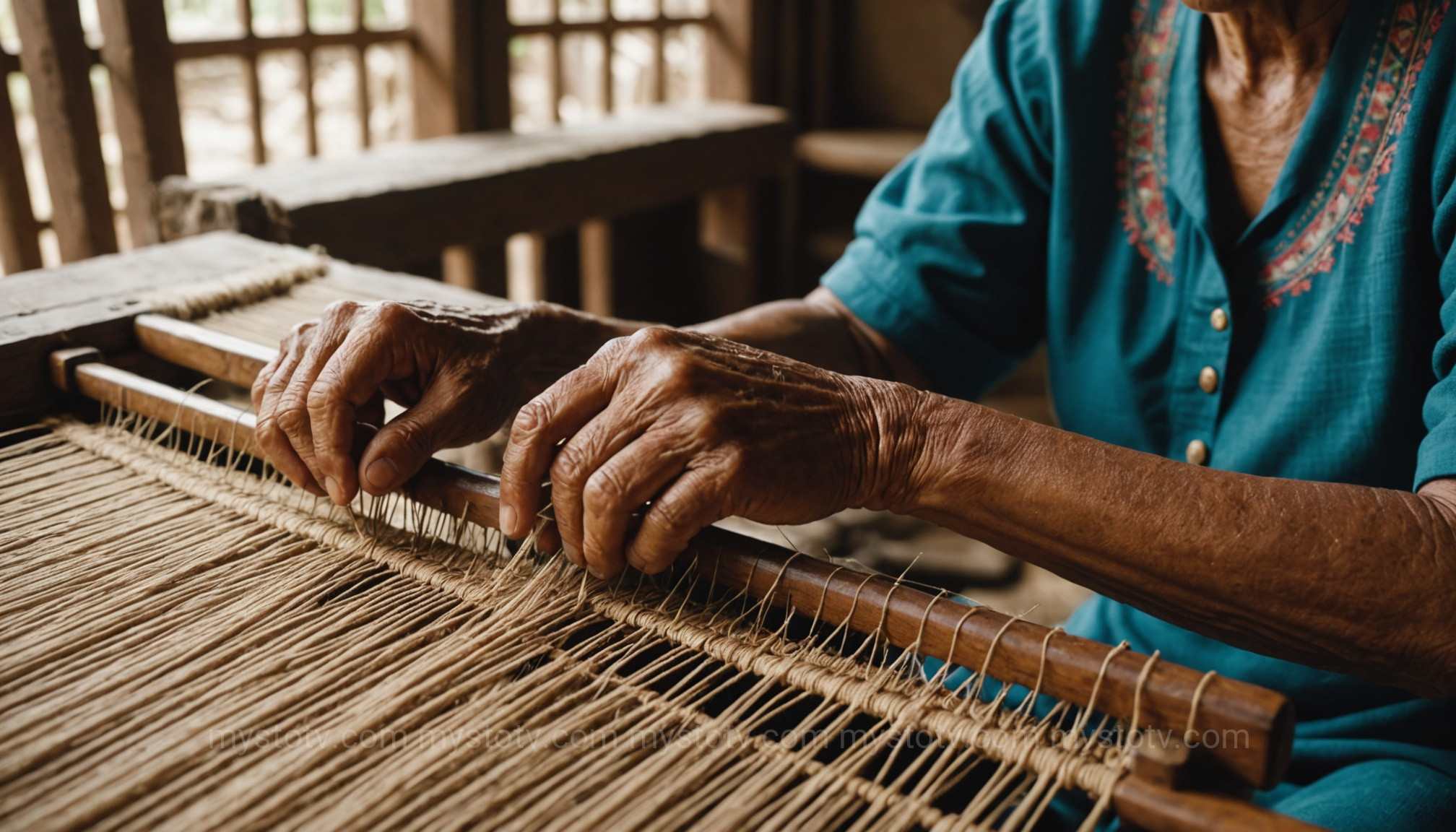 A Filipina artisan\'s hands meticulously creating traditional filipino weaving patterns on a backstrap loom, a symbol of cultural heritage.