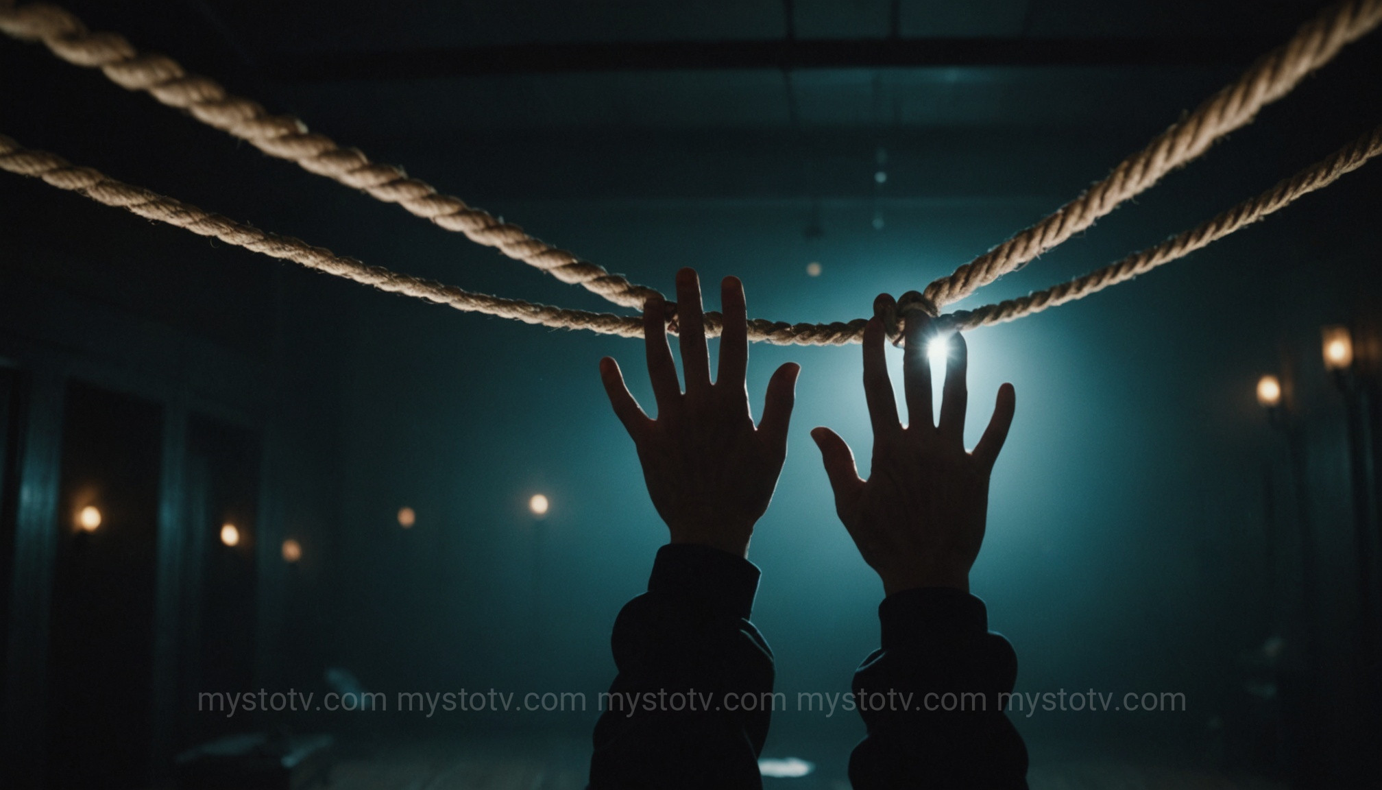 A first-person view of the Rope Technique for astral projection, showing ghostly hands reaching for an ethereal rope.