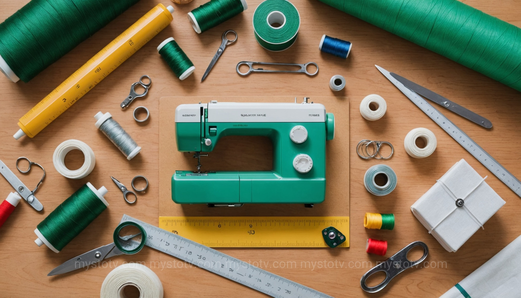 A flat-lay of essential tools for this quilting for beginners tutorial, including a rotary cutter, mat, and ruler.