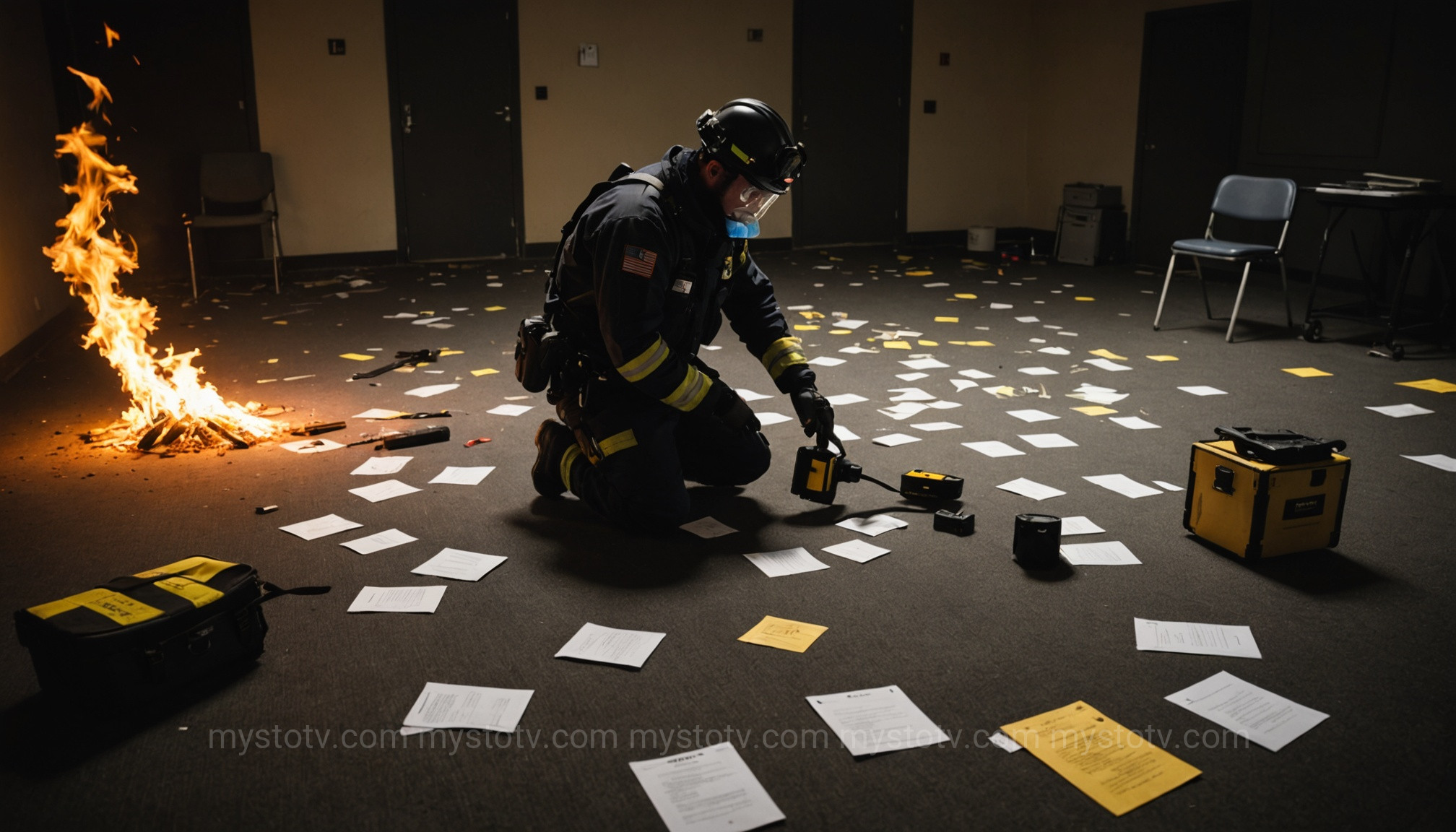 A forensic investigator offering a modern spontaneous human combustion explanation by examining evidence at a carefully documented fire scene.