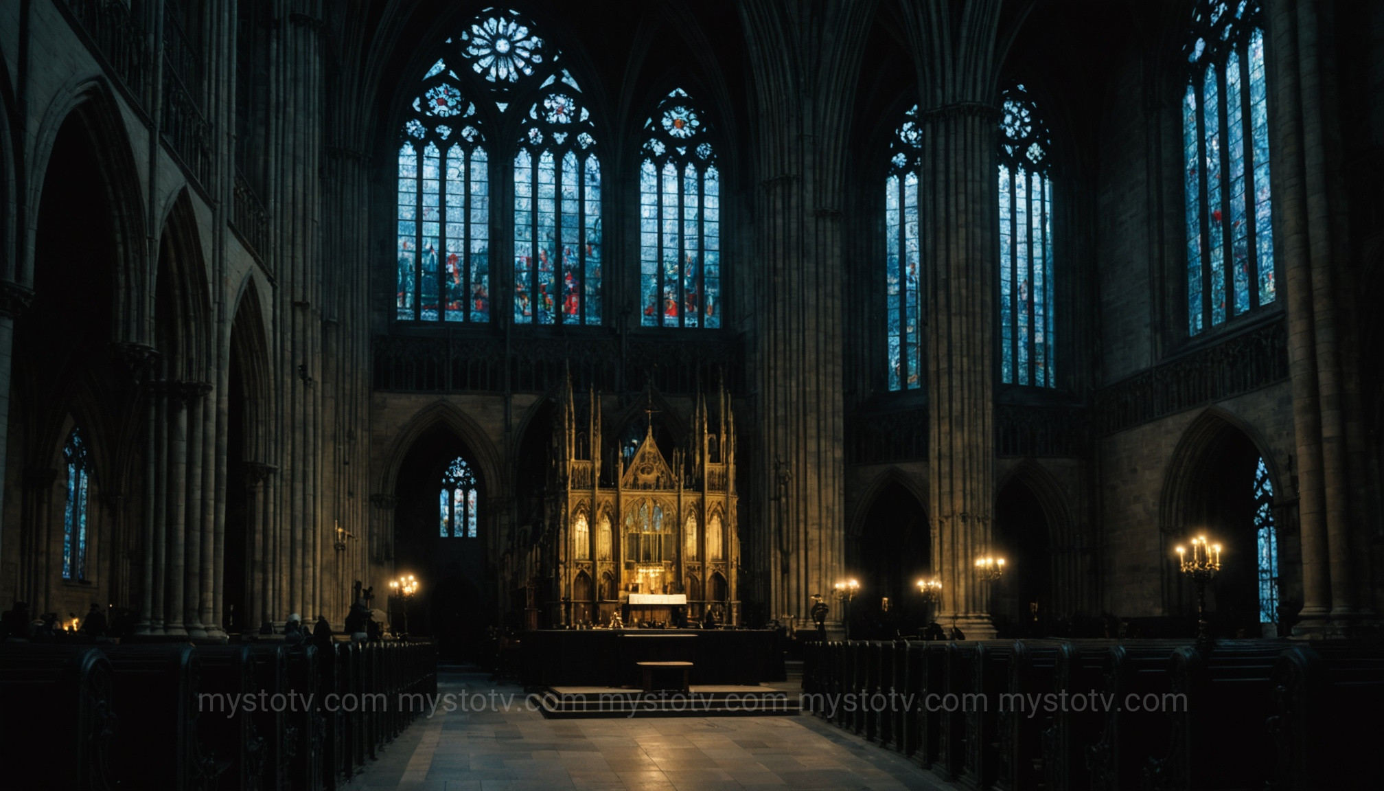 A ghostly figure in a cathedral, representing the complex Christian belief in ghosts religion and spirits.